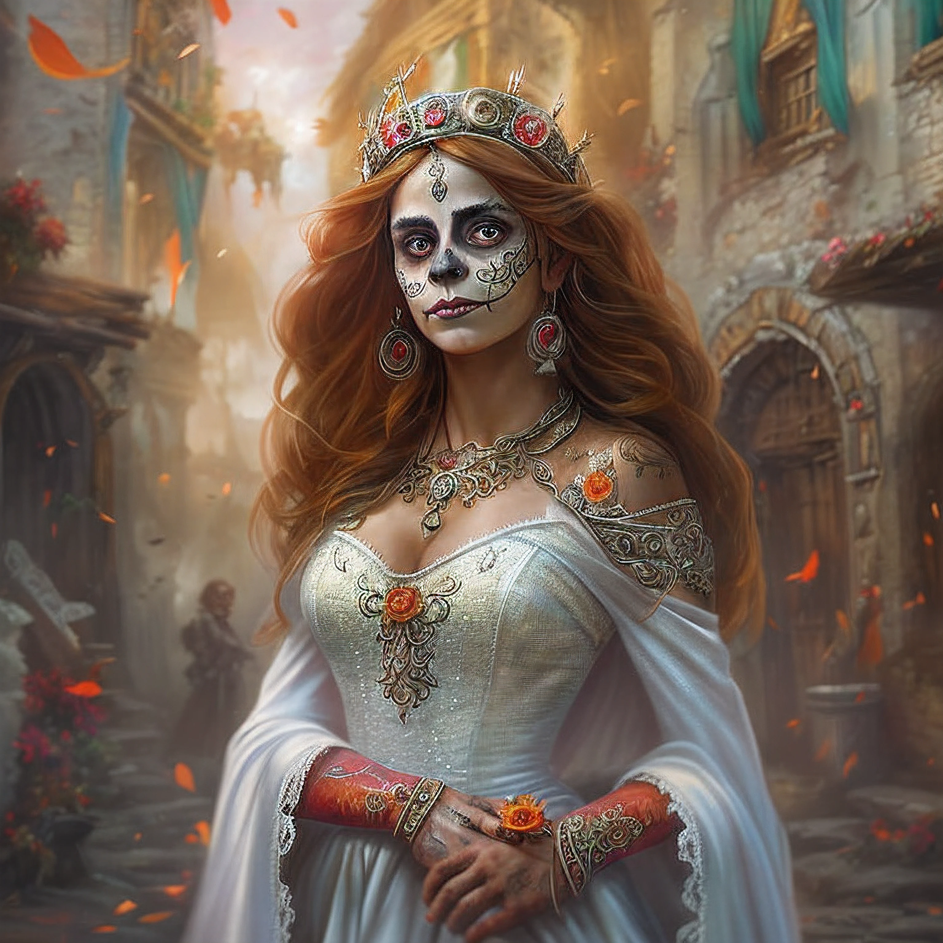 A (full body:1.3) shot at 8k resolution, splash art, fantastic comic book style, photorealistic, anatomical realistic digital painting portrait of a female latino (mexican muertos queen:1.3) in white (silk dress:1.1), (long curly red hair:1.1), (medieval town:1.3), light particle, analog, very detailed skin, very detailed eyes, (elden ring style:1.3), (warhammer style:1.1), concept artist, global illumination, depth of field, splash art, art by artgerm and greg rutkowski and viktoria gavrilenko