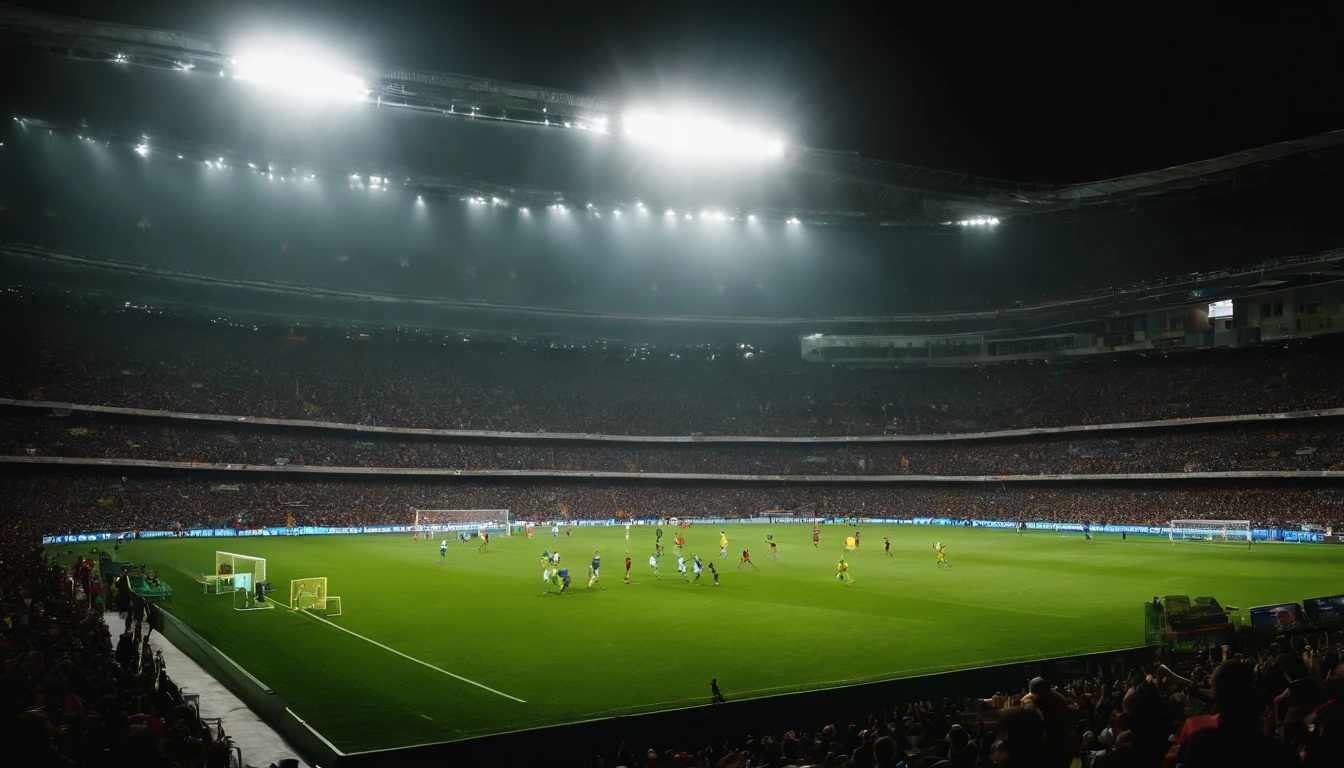 (((quatro jogadores habilidosos para o futebol))), A thrilling football game in a stadium full of spectators and spotlights, Passionate crowd, dazzling stadium spotlights, momento espetacular e eletrizante, atmosfera vibrante