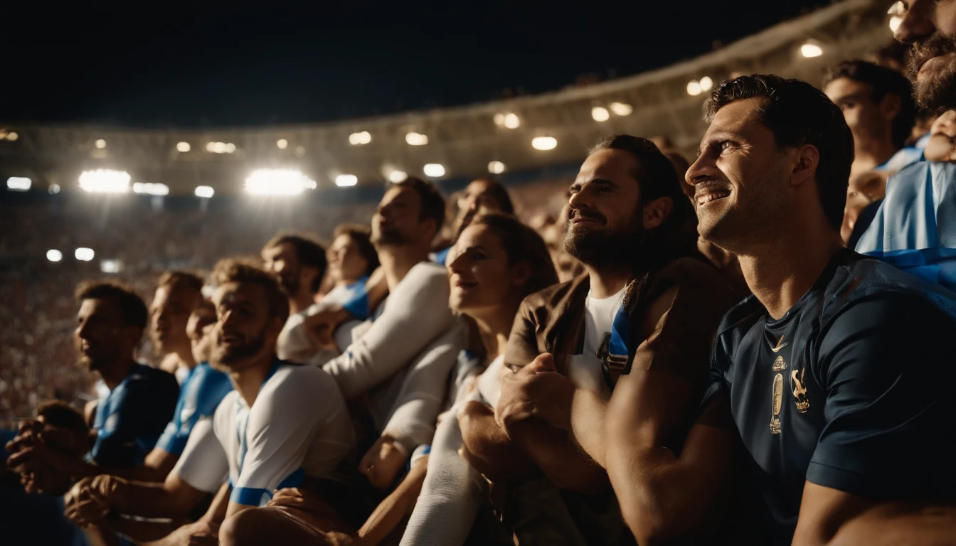 (((quatro jogadores habilidosos para o futebol))), A thrilling football game in a stadium full of spectators and spotlights, Passionate crowd, dazzling stadium spotlights, momento espetacular e eletrizante, atmosfera vibrante