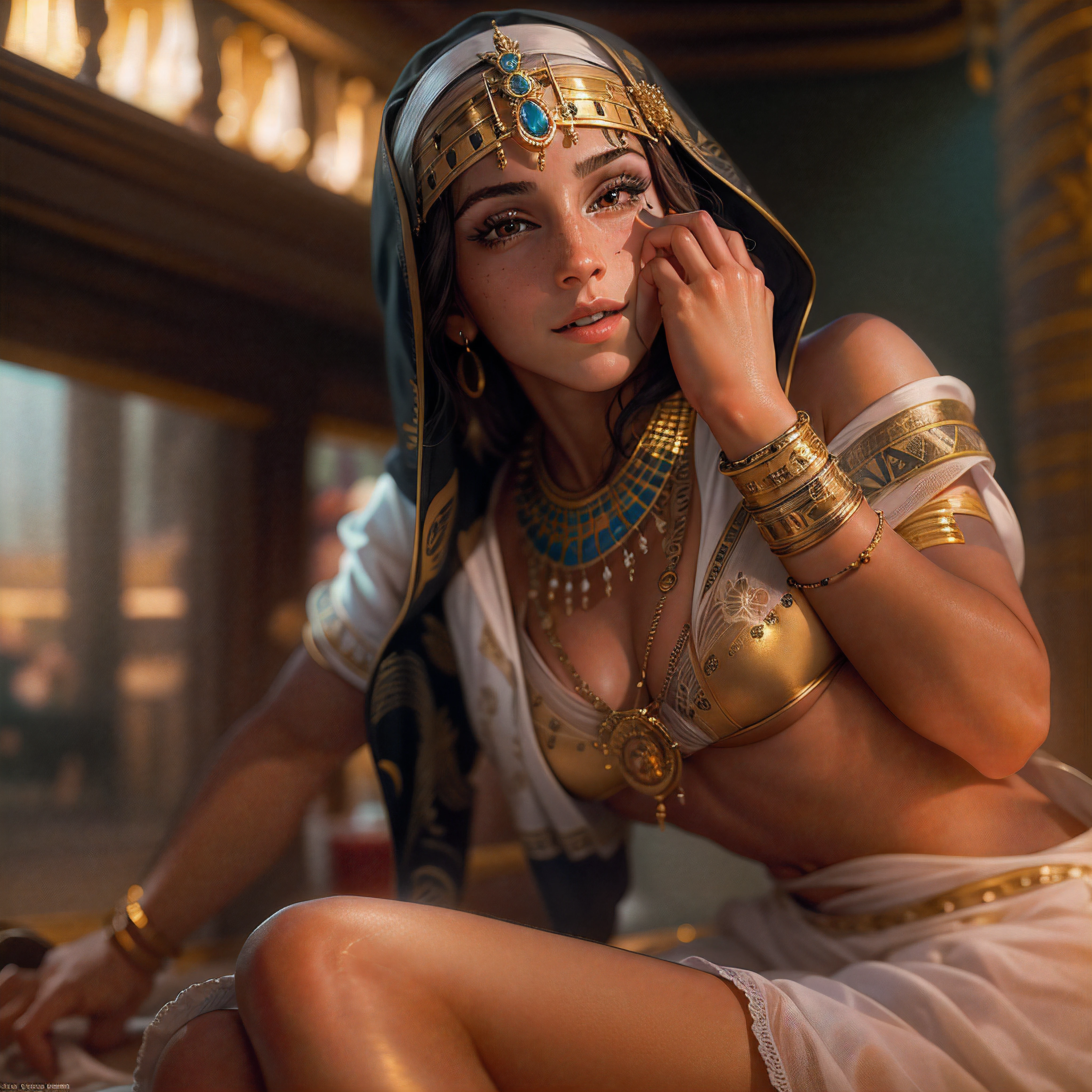 (in perspective) a gorgeous, sexy, sexy, hot, perfect 23-year-old straight hair, long toe-to-toe and loose, silky golden skin (oily lighting), fleshy lips, Egyptian headscarf, jewelry and bracelets (photorealistic:photorealistic, 8k masterpiece), with a gold and white plunging Egyptian garb, black canvas ((black background)), (hyperrealistic:realistic intricate details), smiling: sensual feature,  (texture and environment well detailed, pure perfect lighting).