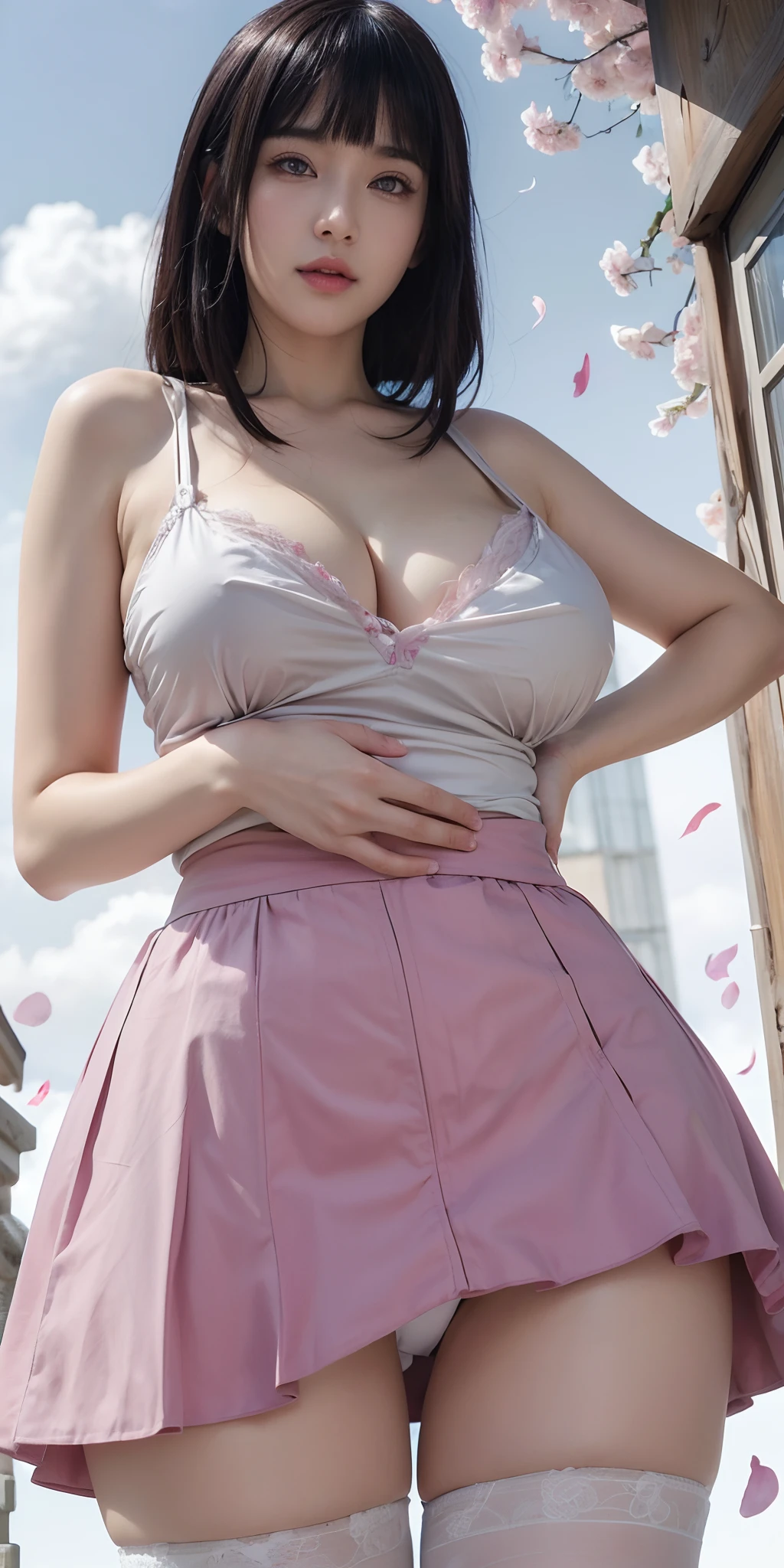 Best quality, high quality, masterpiece (large breasts) huge breasts, white eyes, detailed skin texture, detailed cloth texture, detailed face, super detail, 8k, intricate detail, 1girl, realistic, Hinata Hyuga