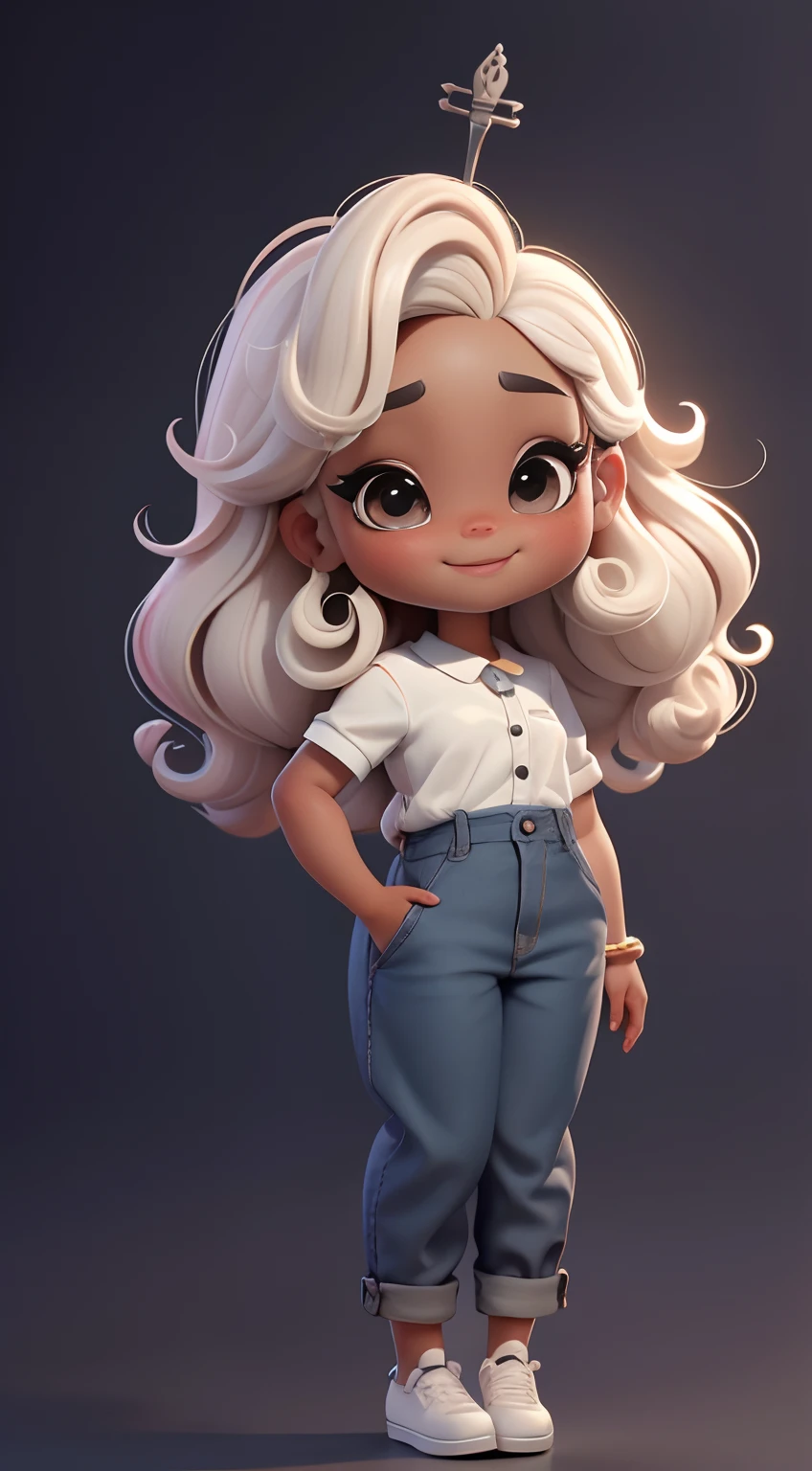 Create a series of cute afro chibi style dolls with a theme of cute, each with lots of detail and in an 8K resolution. All dolls should follow the same solid background pattern and be complete in the image, mostrando o (corpo inteiro, incluindo as pernas: 1.5) Boneca Mini : Ela deve ter cabelo pequeno em tom preto marrom. Seus olhos devem ser grandes e expressivos, with long eyelashes and rosy cheeks. Sorriso delicado e branco. Camiseta, Slacks .Certifique-se de adicionar detalhes nas roupas escreva Janaina , such as buttons and pockets, sapato bonito Certifique-se de adicionar sombras, texturas e detalhes nos cabelos, roupas, Janaína's utensils , to make them even more adorable and charming.