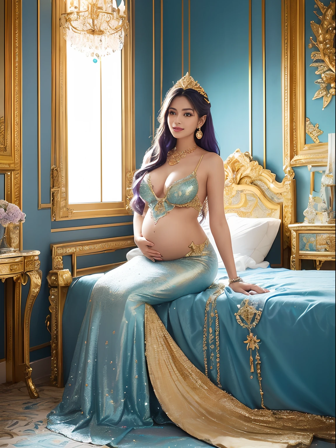((Photorealistic pregnant mermaid princess,Mermaid tail,Her whole body,)),(((,Under the sea,under the water,Crystal Chandelier,Room in the water,In the water,Fish swimming outside the window,Large Western-style windows with luxurious decoration,Artistic gilded decoration on the windows,A space based on emerald blue and blue, number々Ornaments of,Gorgeous Temple Pillars,Light blue and purple,Room with gilded décor,Sitting on the gorgeous royal bed,Artistic decoration bed,A bed full of jewels,A room full of jewels,Beds with golden decoration,Bejeweled room)))(White teeth,Perfect gas chamber,A big smile staring at the camera,Mermaid tail,japanes,straight haired),((with an intricate, Finely shining scales,Full body jewelry decoration,The most gorgeous decoration,Intricate jewels all over her body,de pele branca,fair glowing skin,Detailed her face)),((Fine golden shine,shining background,Crisp and detailed background,The whole room is richly decorated,Everything is a fantastic and glittering background,Everything in the background is amazing and gorgeous))The most beautiful faces in Japan,Very fine detail,The Most Gorgeous Princess Costume,Glowing scales,Very finely drawn scales,Giant Tiara,The most realistic and complex backgrounds,Top image quality,8K,SLR Camera Photography