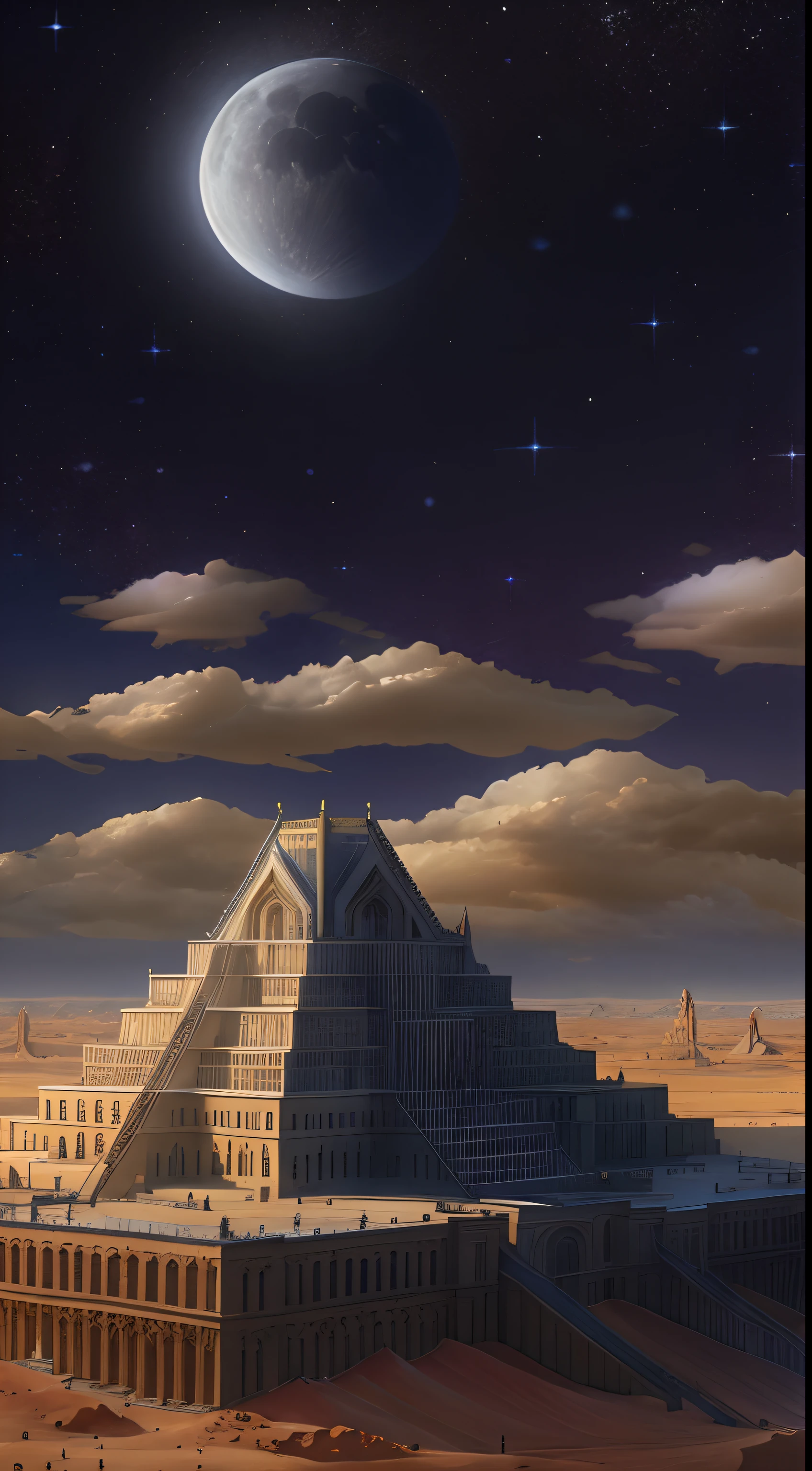 (Mysterious temple in the desert in the dark:1.5)(Inspired by York Minster,sankta)
Monument Valley style, Geometric architecture, Louvre, gold, Complex building structures, Clear structure,
Background with:Desert at night,(themoon:1.1),(Clouds and stars:1.1),author:Peter Bonsol,public space,the sideview, Hyperrealistic, Masterpiece, high resolution, Extremely detailed, Best quality