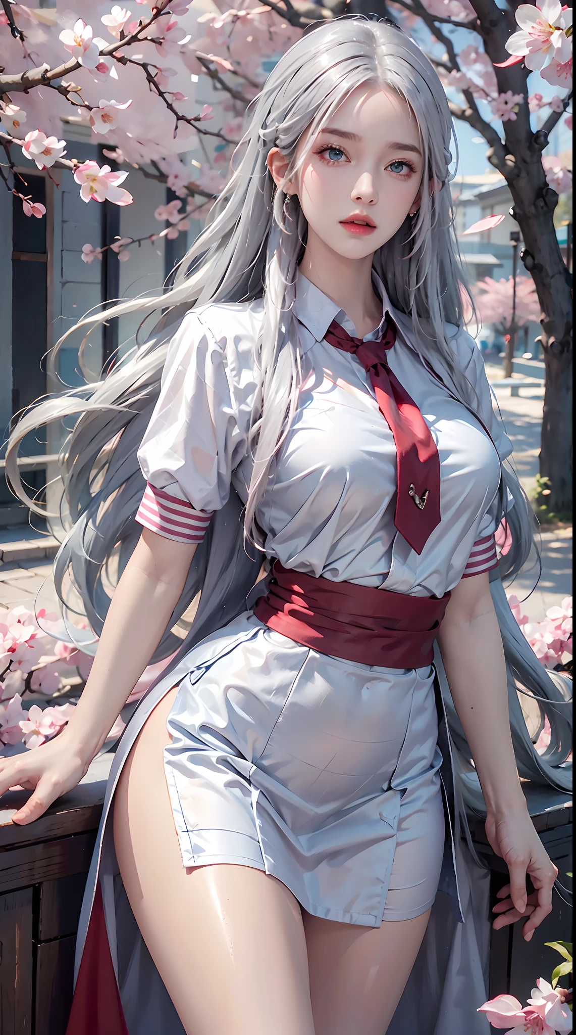 photorealistic, high resolution, 1women, shining skin, solo, tattoo, hips up, jewelry, pink lips, long silver hair, blue eyes, closed mouth, school uniform, red hanfu, cherry blossoms