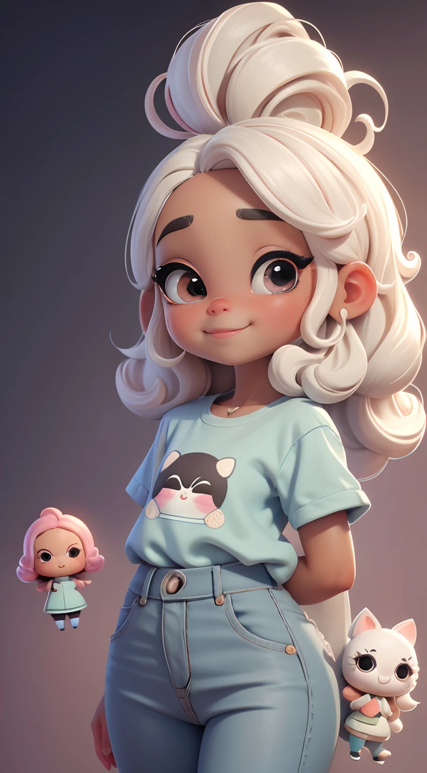 Create a series of cute afro chibi style dolls with a theme of cute, each with lots of detail and in an 8K resolution. All dolls should follow the same solid background pattern and be complete in the image, mostrando o (corpo inteiro, incluindo as pernas: 1.5) Boneca Mini : Ela deve ter cabelo pequeno em tom preto slime. Seus olhos devem ser grandes e expressivos, with long eyelashes and rosy cheeks. Sorriso delicado e branco. Camiseta, Slacks .Certifique-se de adicionar detalhes nas roupas escreva Janaina , such as buttons and pockets, Cute sneakers Be sure to add shadows, texturas e detalhes nos cabelos, roupas, Janaína's utensils , to make them even more adorable and charming.