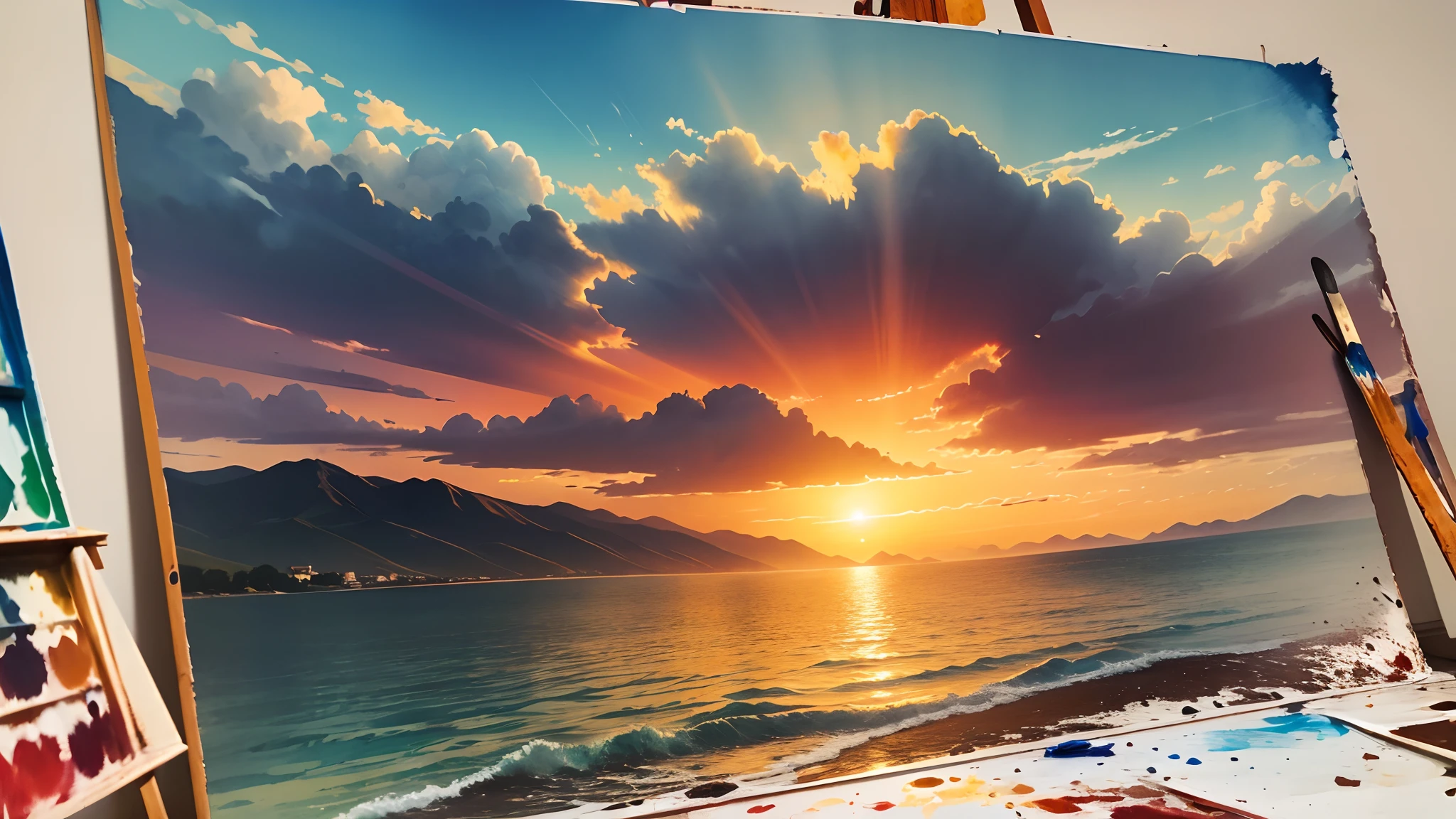 Every dawn is a new chance to make a difference. Make the most of this day and make it happen!, A vibrant sunrise over a calm ocean, reflecting the golden and orange colors, mountains in the distance creating a majestic silhouette, Feeling of peace and renewal, Painting, watercolor on paper, --auto --s2