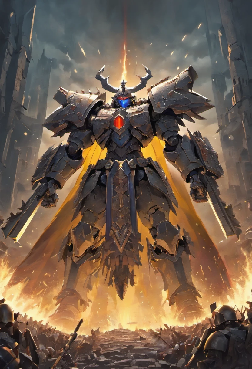 (best quality,4k,8k,highres,masterpiece:1.2),ultra-detailed,(realistic,photorealistic,photo-realistic:1.37),dramatic lighting,warhammer 40000 battle with custodes,explosions and gunfire,chaotic battlefield,custodes warriors in armor,grimdark atmosphere,long shadows,war-torn scenery,bullet shells flying,smoke and dust,blue armor reflecting light,muscular and heroic custodes,flying banners and insignias,vehicles and tanks,bullets penetrating enemy lines,intense action and movement,dystopian future,ruined buildings and debris,shattered windows and crumbling walls,dark and apocalyptic,carnage and destruction,command shouts and war cries,barbed wire and trenches,fearless custodes charging forward,great display of power and strength,electric blue energy and glowing weapons,glowing eyes seething with fury,threatening and intimidating presence,desolation and despair,battlefield littered with fallen soldiers,exquisite attention to detail,warhammer 40000 universe,dominance and supremacy,immersive and epic,heroic last stand.