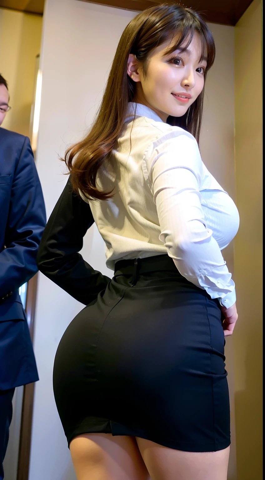 8K,top-quality、facefocus、Bright daytime office、(depth of fields)、超A high resolution、(Photorealsitic:1.4)、Raw photography、(portlate:1.4)、
1 Japan Girl, 22-year-old OL、back viewing、独奏, cute little, (A smile:1.1),, Detail Beautiful Face,
s Office、(large full breasts:1.2)、(Business Suit Skirt)、thighs thighs thighs thighs