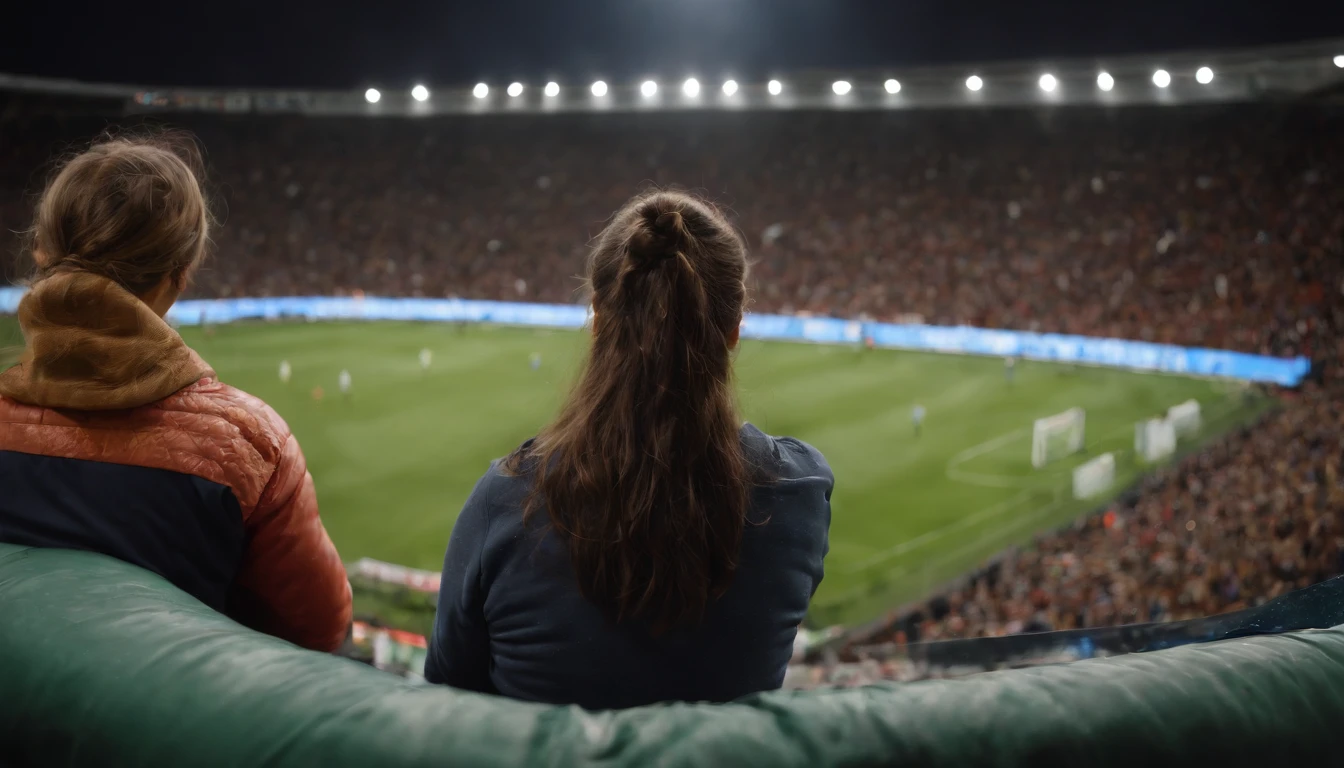 (((quatro jogadores habilidosos para o futebol))), A thrilling football game in a stadium full of spectators and spotlights, Passionate crowd, dazzling stadium spotlights, momento espetacular e eletrizante, atmosfera vibrante