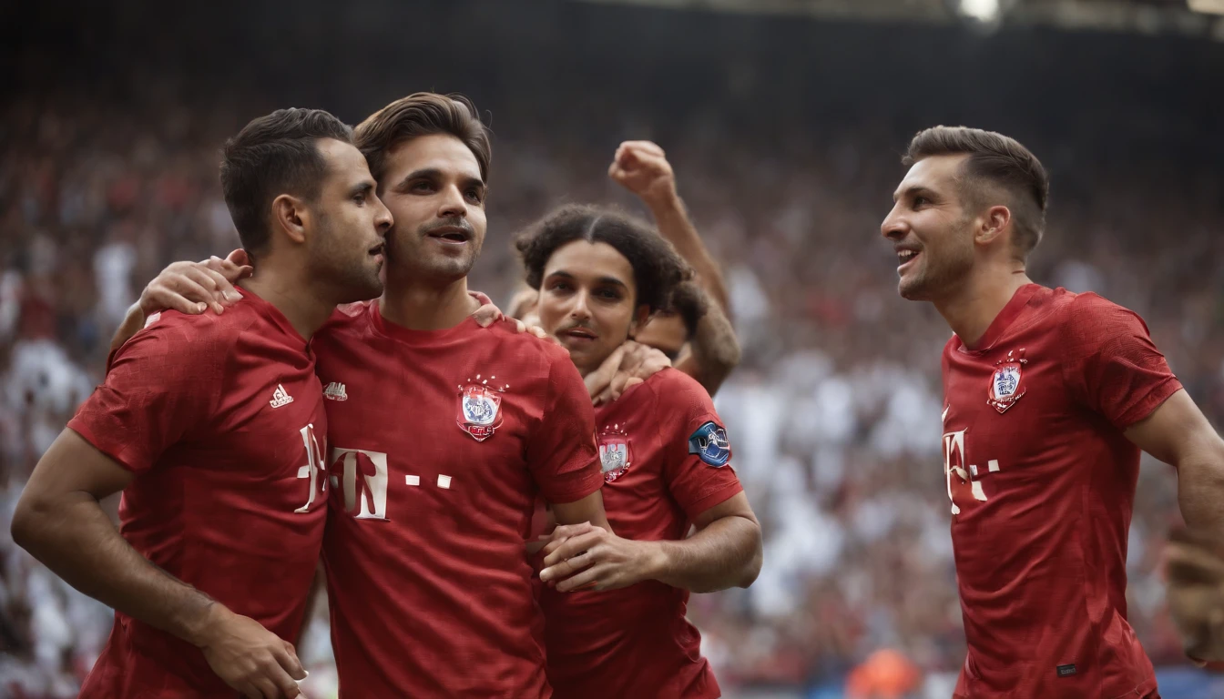 (((quatro jogadores habilidosos para o futebol))), A thrilling football game in a stadium full of spectators and spotlights, Passionate crowd, dazzling stadium spotlights, momento espetacular e eletrizante, atmosfera vibrante