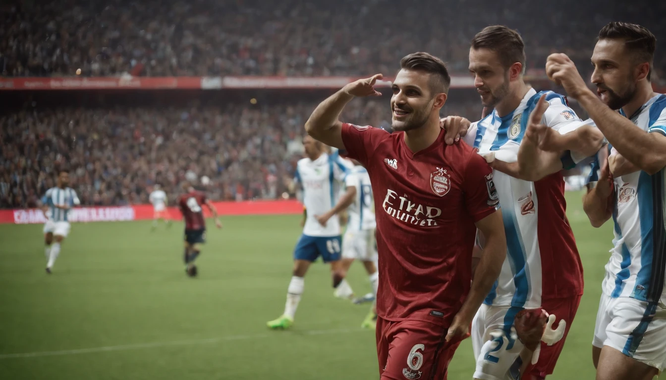 (((quatro jogadores habilidosos para o futebol))), A thrilling football game in a stadium full of spectators and spotlights, Passionate crowd, dazzling stadium spotlights, momento espetacular e eletrizante, atmosfera vibrante