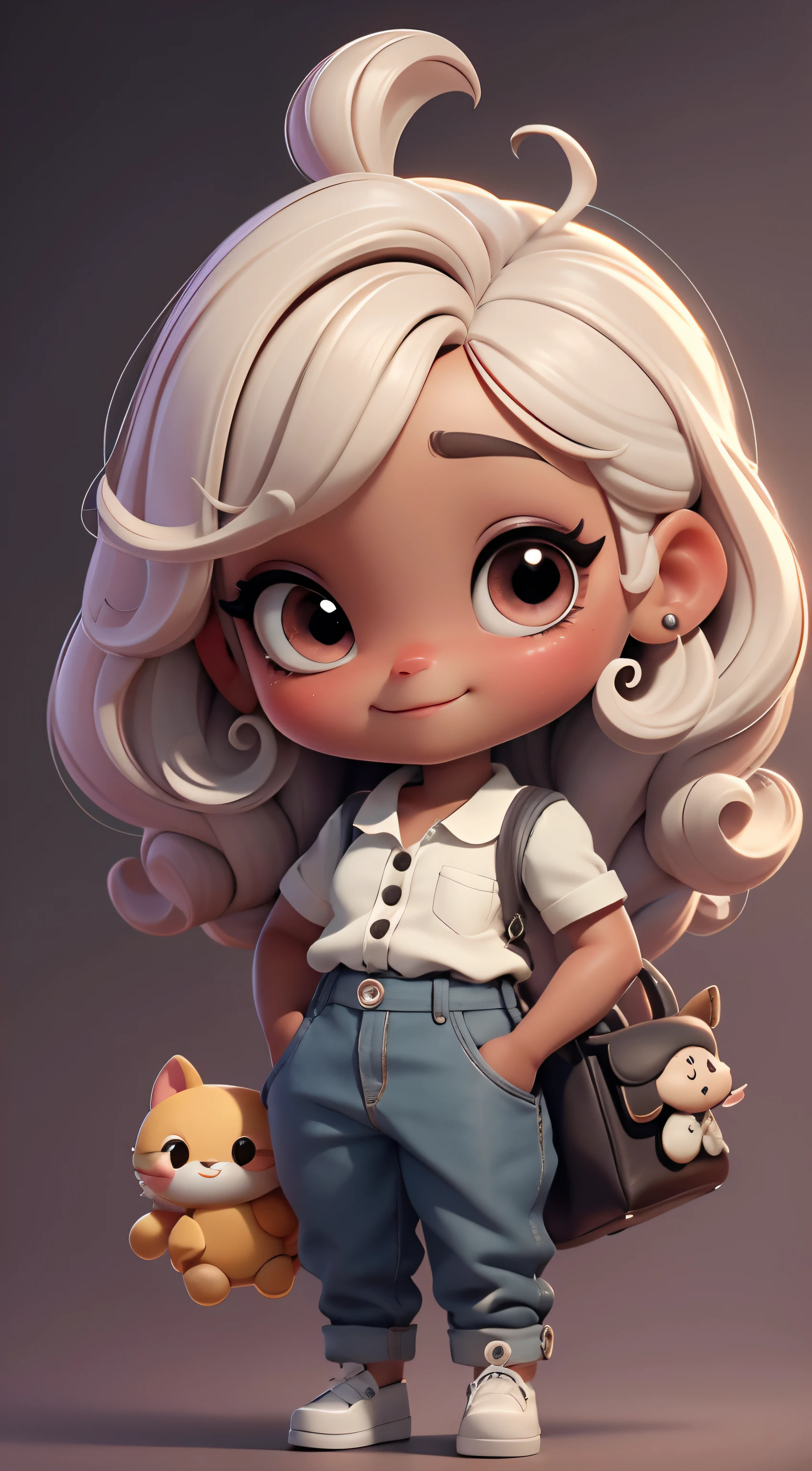 Create a series of cute afro chibi style dolls with a theme of cute, each with lots of detail and in an 8K resolution. All dolls should follow the same solid background pattern and be complete in the image, mostrando o (corpo inteiro, incluindo as pernas: 1.5) Boneca Mini : Ela deve ter cabelo pequeno em tom preto marrom. Seus olhos devem ser grandes e expressivos, with long eyelashes and rosy cheeks. Sorriso delicado e branco. Camiseta, Slacks .Certifique-se de adicionar detalhes nas roupas escreva Janaina , such as buttons and pockets, sapato bonito Certifique-se de adicionar sombras, texturas e detalhes nos cabelos, roupas, Janaina's Utensils , to make them even more adorable and charming.