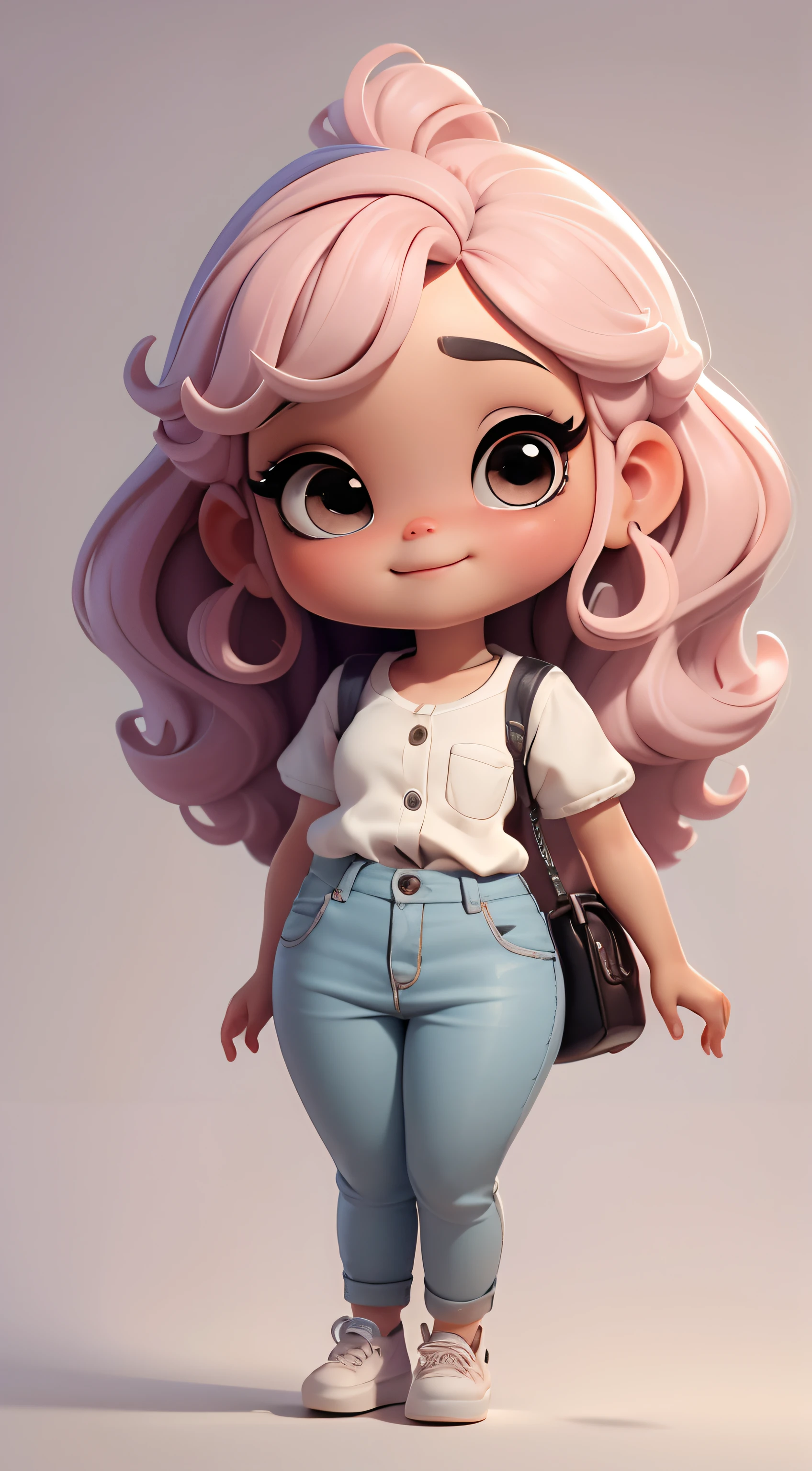 Create a series of cute afro chibi style dolls with a theme of cute, each with lots of detail and in an 8K resolution. All dolls should follow the same solid background pattern and be complete in the image, mostrando o (corpo inteiro, incluindo as pernas: 1.5) Boneca Mini : She must have medium black slime hair. Seus olhos devem ser grandes e expressivos, with long eyelashes and rosy cheeks. Sorriso delicado e branco. Camiseta, Slacks .Certifique-se de adicionar detalhes nas roupas escreva Janaina , such as buttons and pockets, Cute sneakers Be sure to add shadows, texturas e detalhes nos cabelos, roupas, Janaína's utensils , to make them even more adorable and charming.