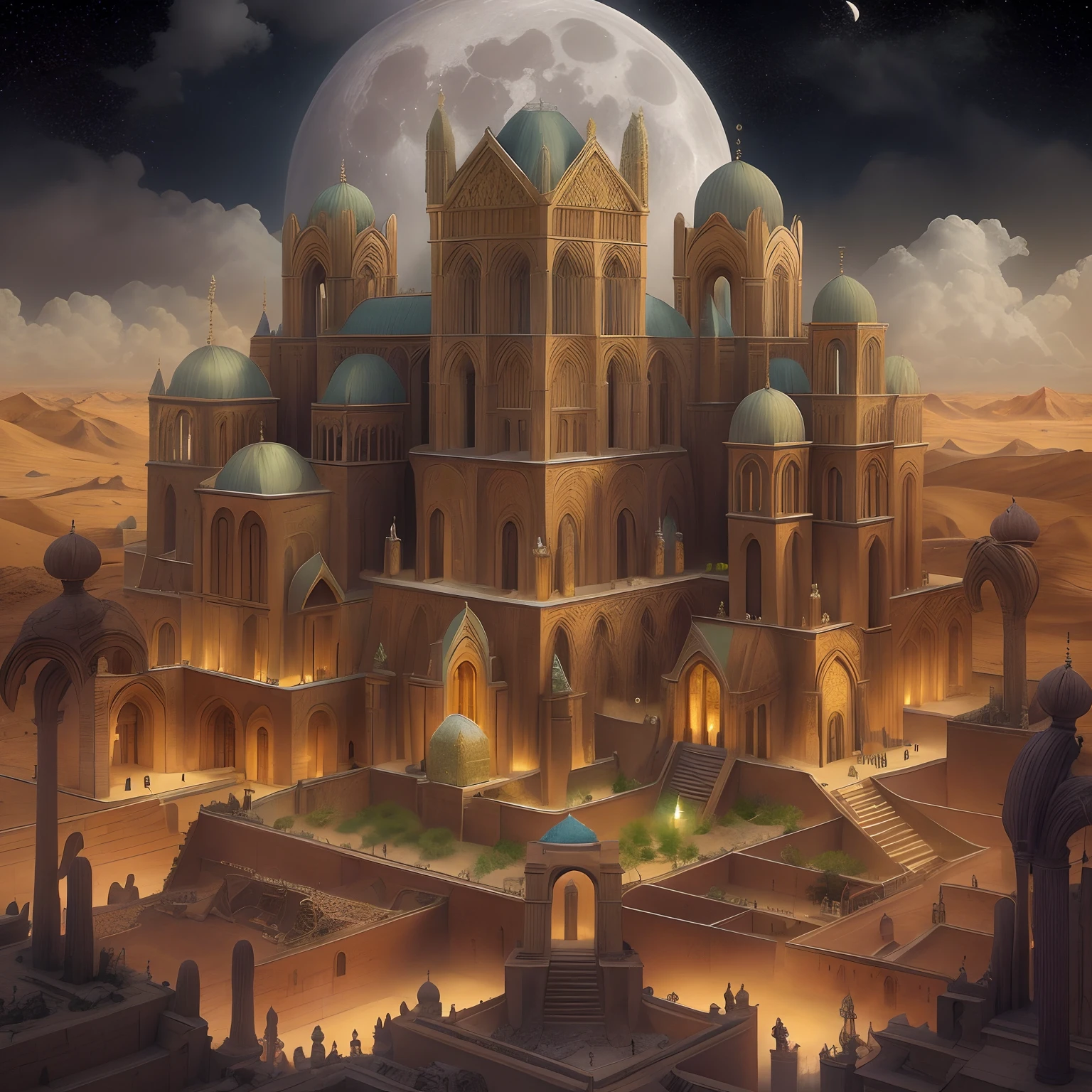 （Mysterious temple in the desert in the dark：1.5）（Inspired by York Minster，sankta）
 Monument Valley style, Geometric architecture, Louvre, gold, Complex building structures, Clear structure,
Background with：Desert at night，（themoon：1.1），（Clouds and stars：1.1），author：Peter Bonsol,public space,the sideview, Hyperrealistic, Masterpiece, high resolution, Extremely detailed, Best quality