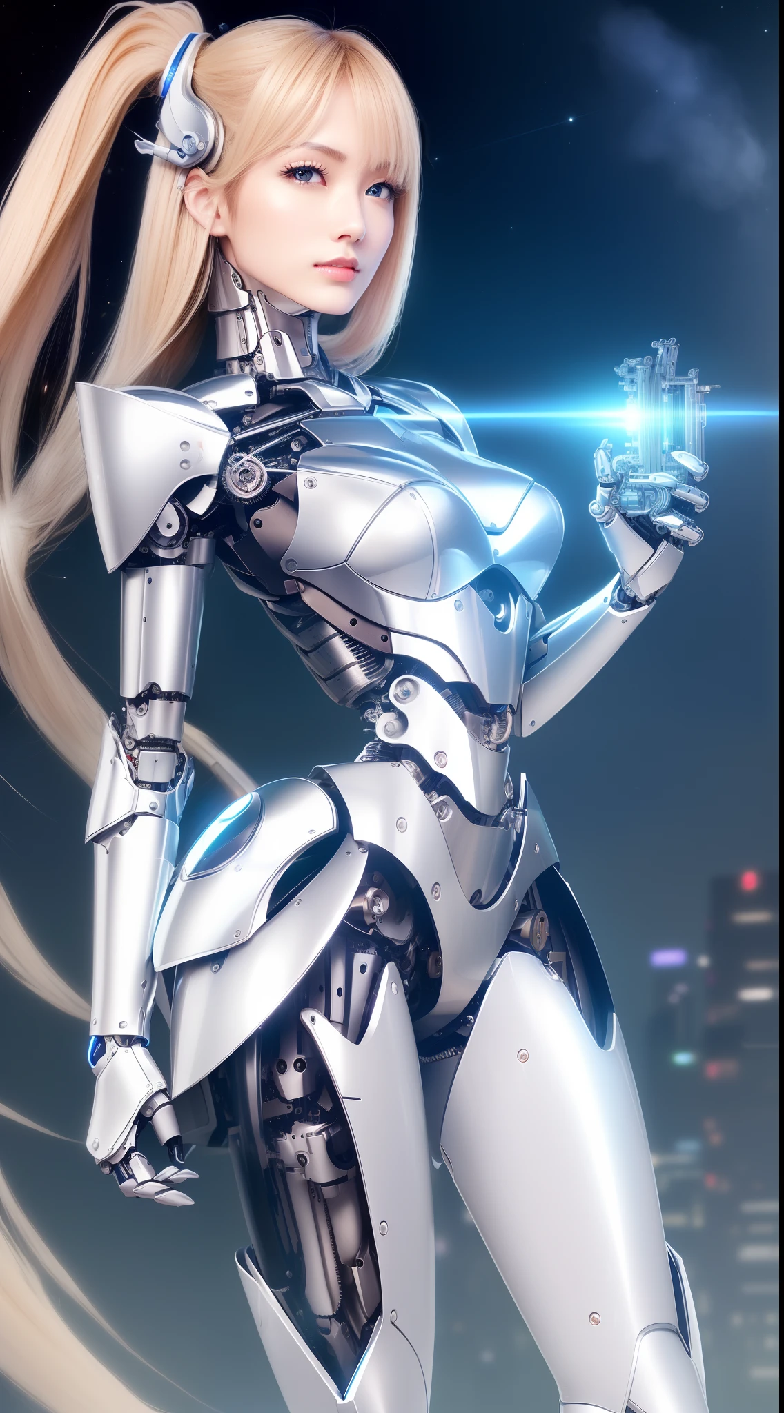 ((masutepiece)), ((top-quality), high quarity、ultra-definition, (Realistic),  ((well proportioned face))、fulcolor 、(scientific fiction)、(独奏)、Beautiful robot woman、Combat Robots、(Perfect robot joint)、(a computer)、(Electronic substrate)、(((machine components)))、White porcelain mechanical armor、(Oval curvaceous face)、(almond shape eyes)、thin mouth、deadpan、((Perfect mechanical hand))、(Outside the city)、Perfect robot legs