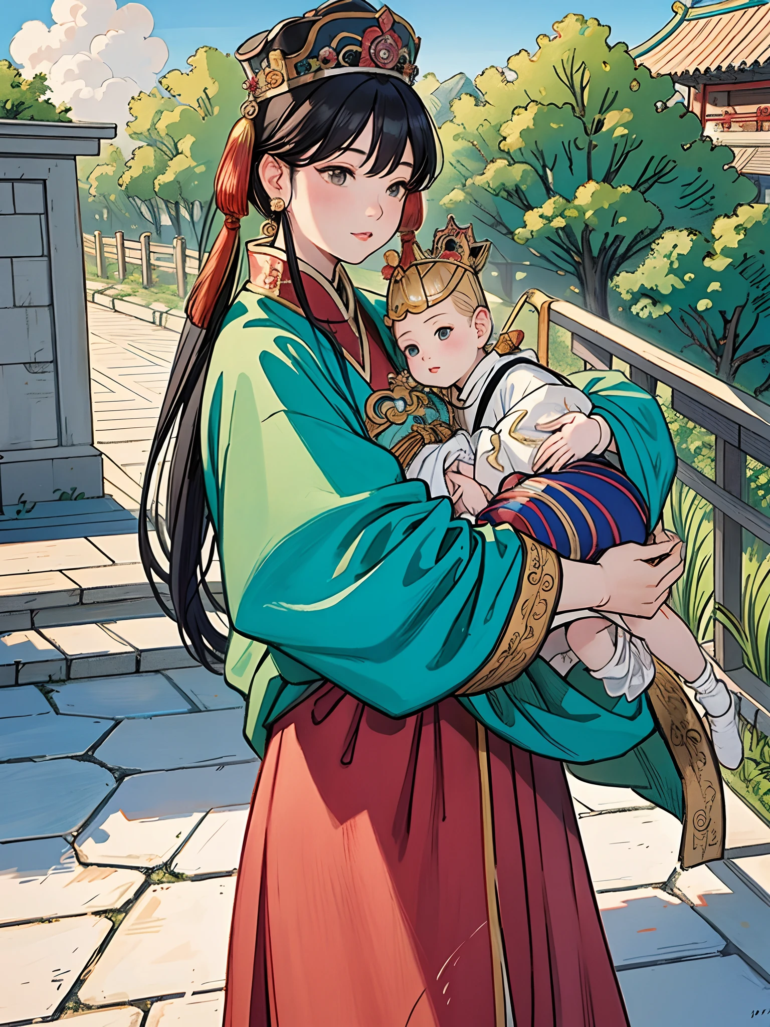 The beautiful 16-year-old Chinese queen holds a (baby prince:1.5) wearing shavings in her arms, Walking, Straight eyes, radiating a brilliant aura, Rosary handle, Crown Team, (Systemic: 2.0), Stand in the cloud, our lady