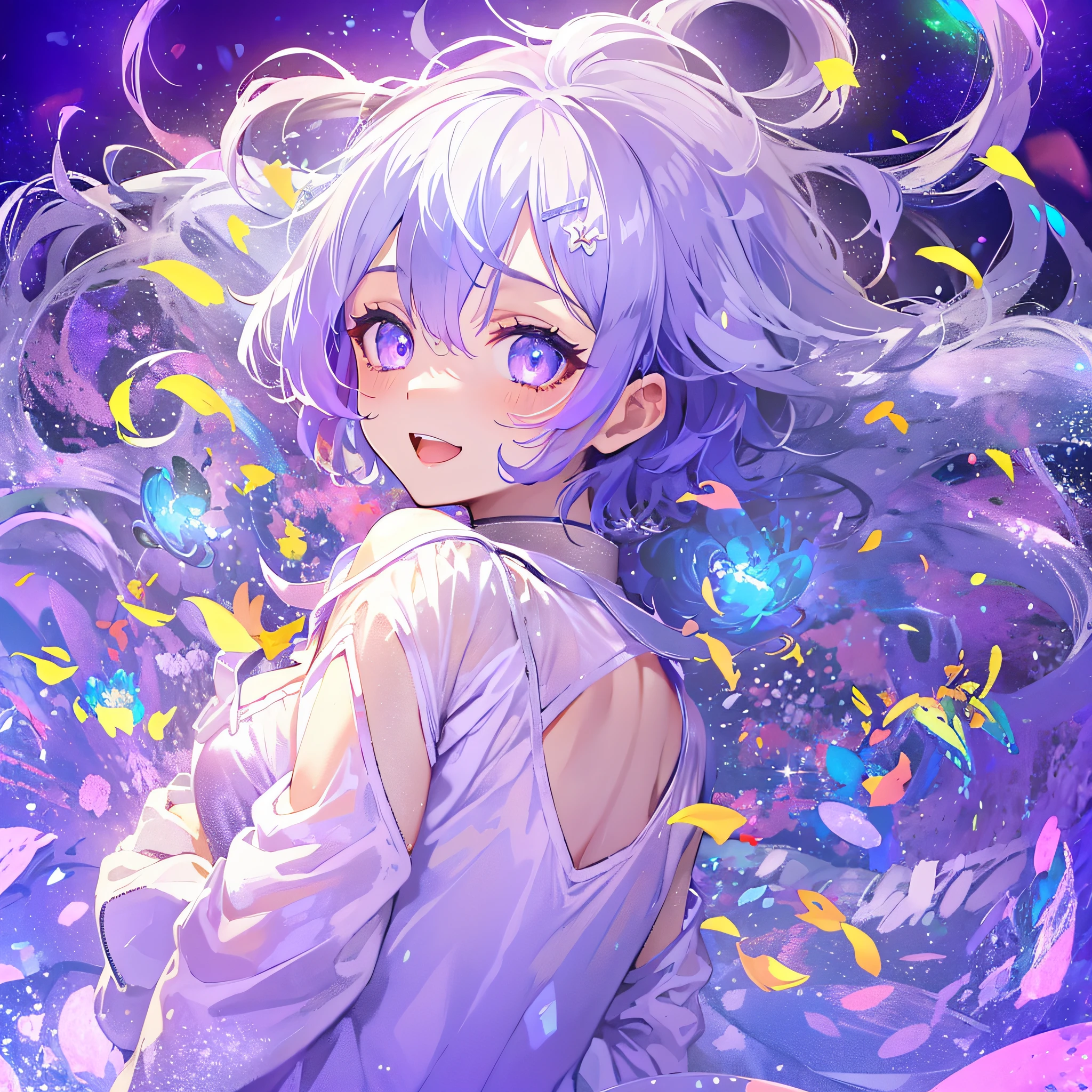 (masutepiece:1.3), (Best Quality:1.3), High resolution, Couboy Shot, I'm on the street with my arms outstretched and a big smile on my face.、Spread your arms、Hair color is purple、Eight-headed body、Short hair、bobhair、Blue Mesh、blacklight、Vivid sea、Clear、Iridescent Sea、huge smile、Spectacular background、 Eyes are purple, Miraculous Eye、Beautiful detailed eyes, ultradetailed eyes、Glitter eyes,Put the most effort into the brilliance of your eyes、, (One Cute Girl:1.3), , Hair over one eye, Small breasts, Dress, Dress like a wacky fashion model、White pantyhose、Wearing a rainbow-colored aura from the whole body、purpleish color, Outdoors, Purple background, Shadow lighting、perfectbody