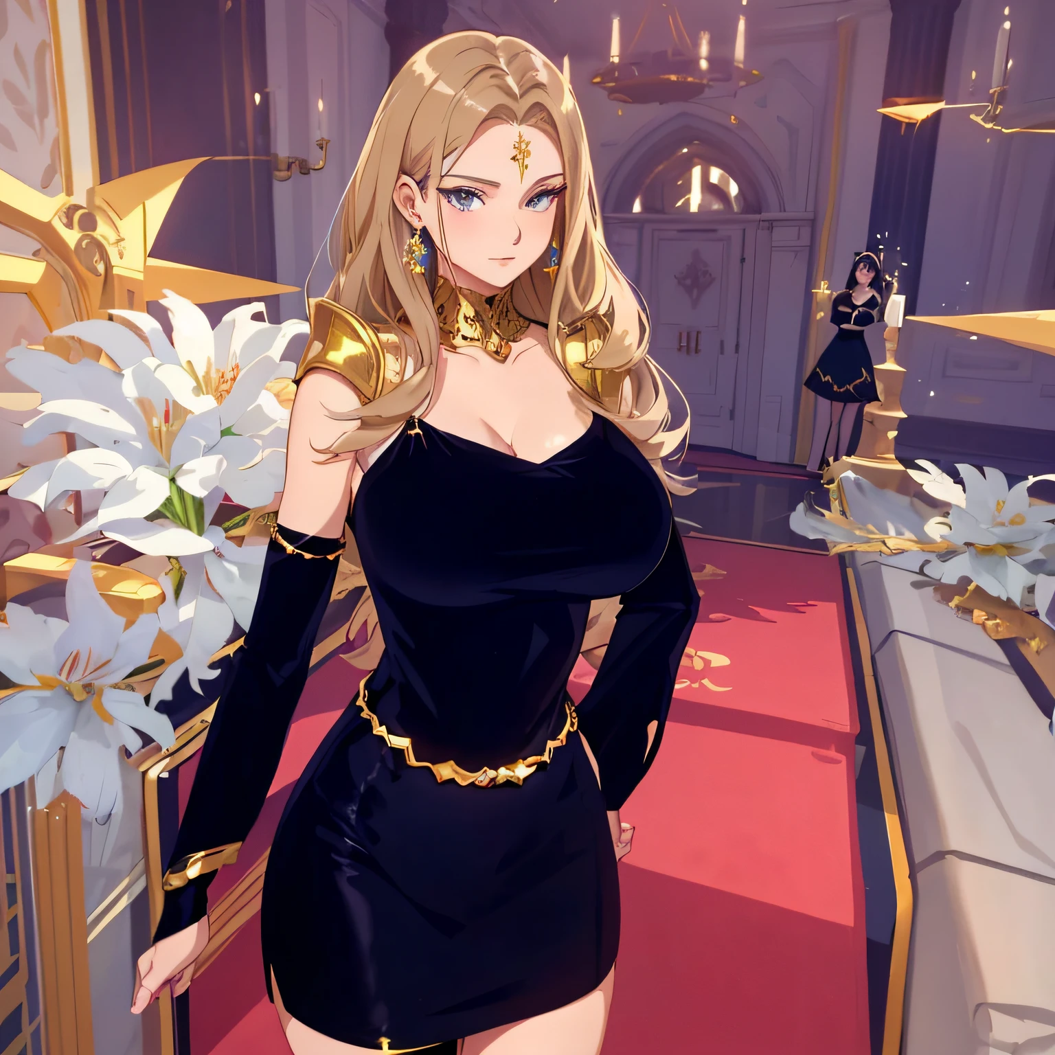 ((Masterpiece, Highest quality)), Detailed face, there is a woman in a black dress standing in a room, anime girl wearing a black dress, royal elegant pose, gilded outfit, beautiful screenshot, epic exquisite character art,Natural light