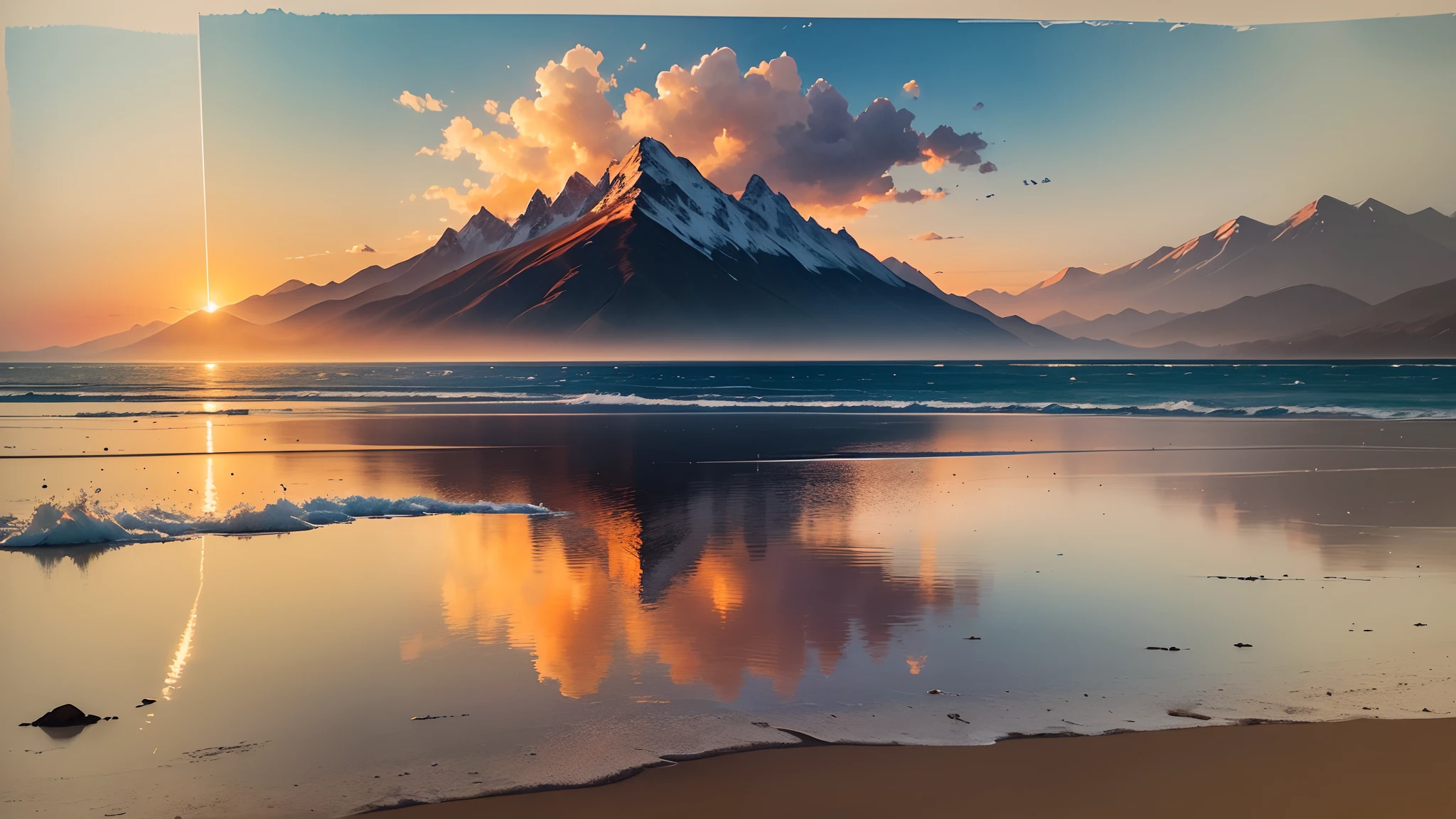 Every dawn is a new chance to make a difference. Make the most of this day and make it happen!, A vibrant sunrise over a calm ocean, reflecting the golden and orange colors, mountains in the distance creating a majestic silhouette, Feeling of peace and renewal, Painting, watercolor on paper, --auto --s2