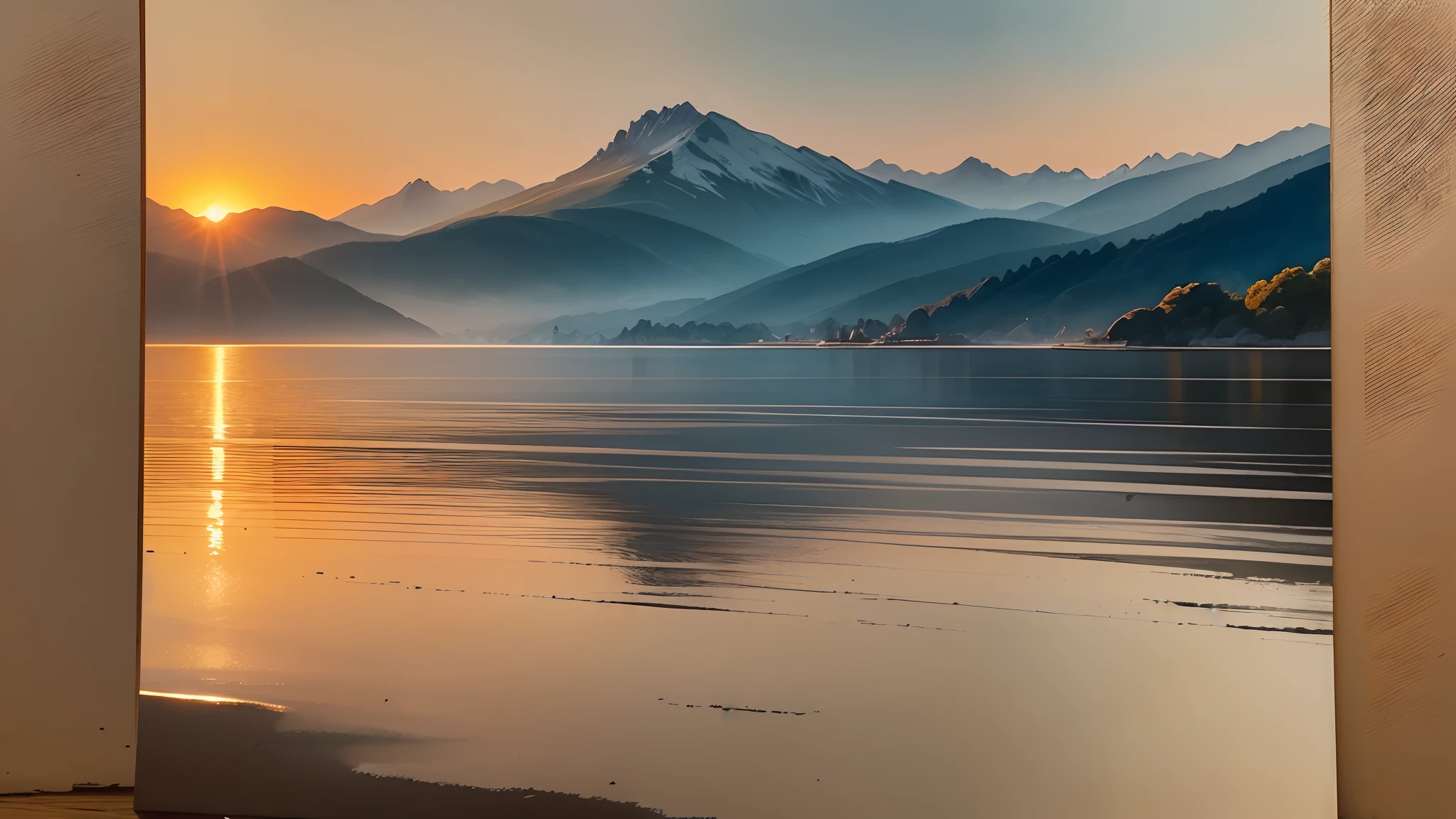 Every dawn is a new chance to make a difference. Make the most of this day and make it happen!, A vibrant sunrise over a calm ocean, reflecting the golden and orange colors, mountains in the distance creating a majestic silhouette, Feeling of peace and renewal, Painting, watercolor on paper, --auto --s2