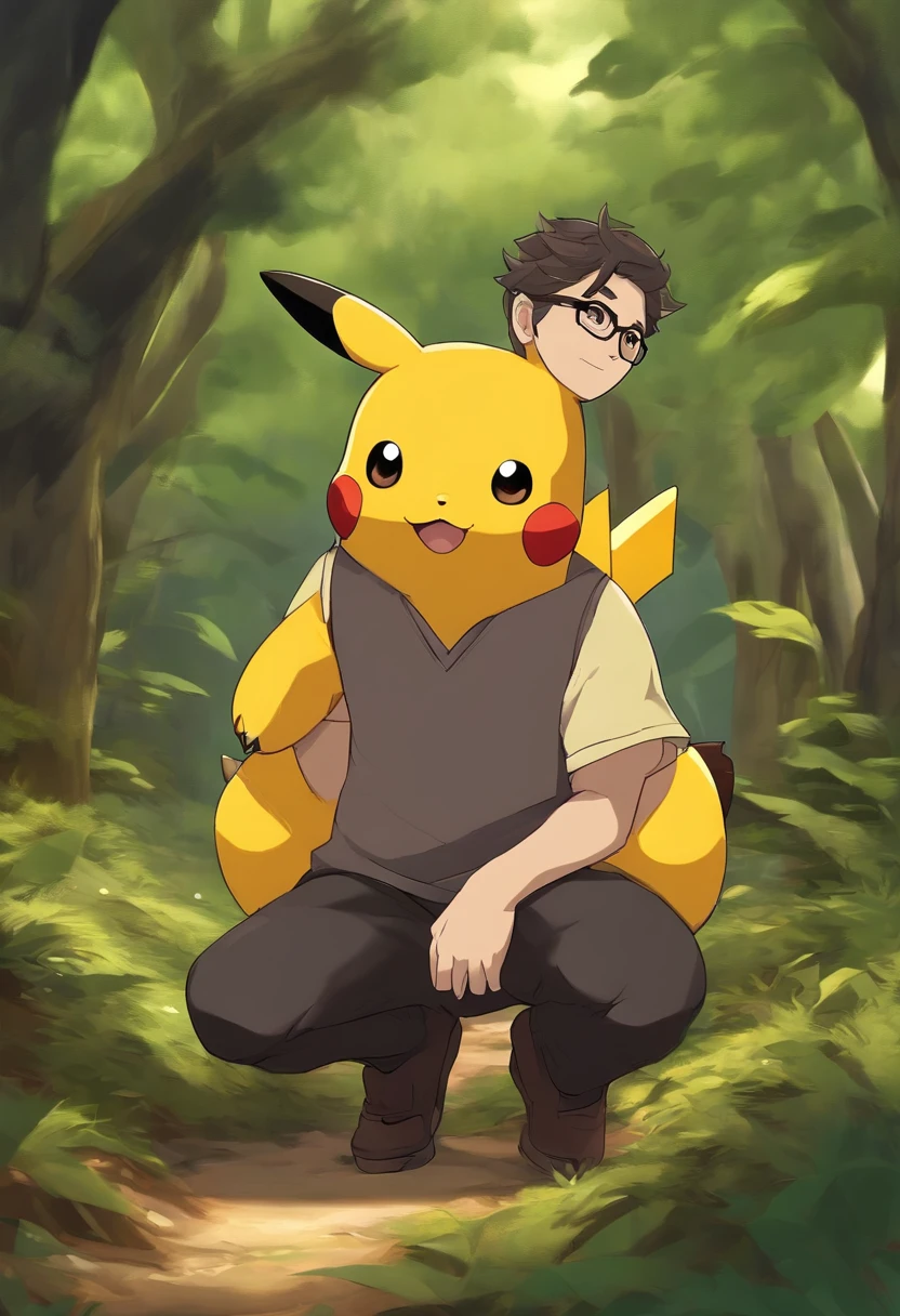 adulto de 35 anos, with Japanese ancestry, cabelos curtos com topete. Ele tem olhos castanhos escuros, wears glasses, tem nariz fino, sorrindo. He carries a poké ball in his hands, Is in a forest together with Pikachu, Charizard e Gengar. anime, pokemon style.