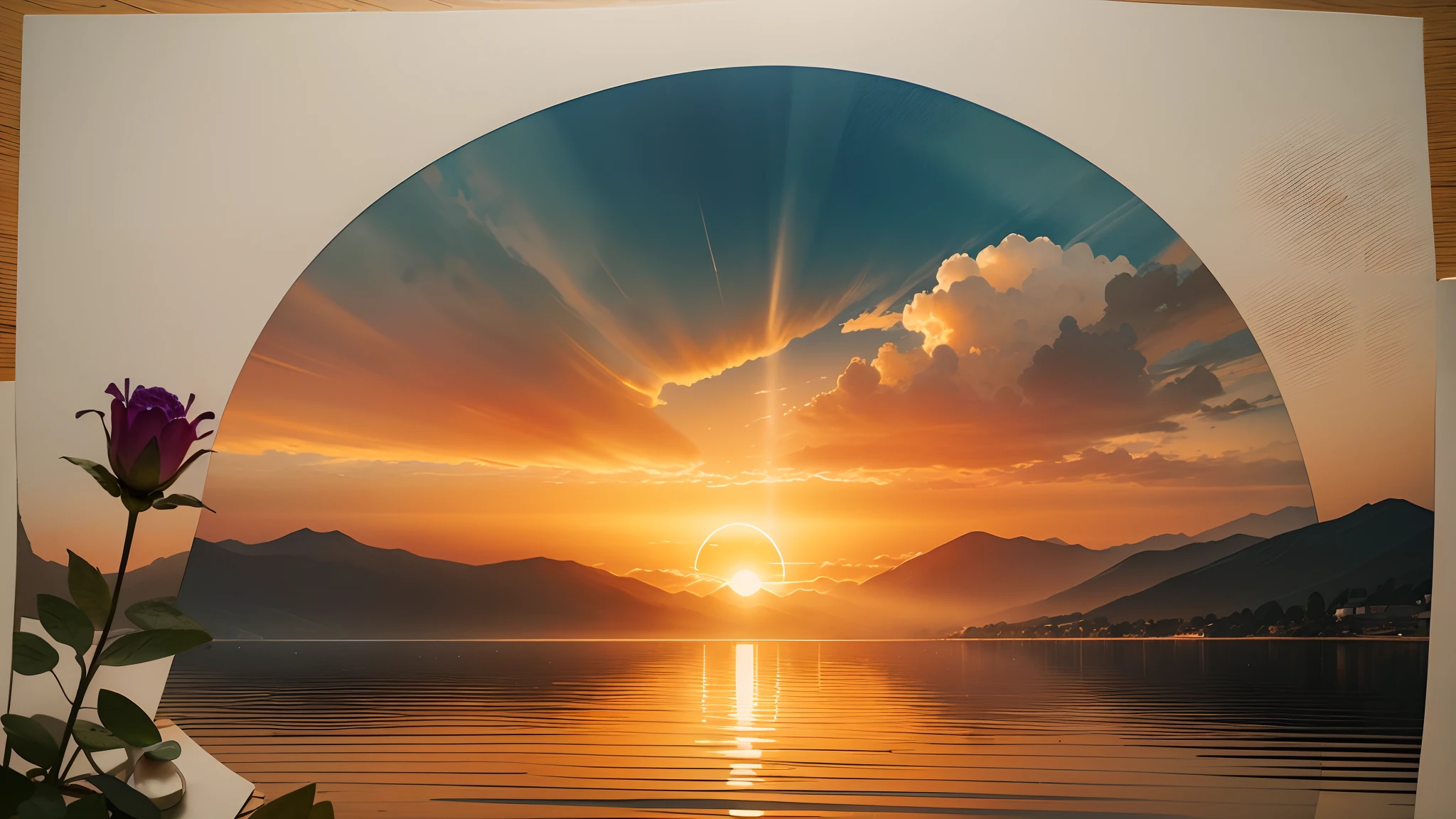 Every dawn is a new chance to make a difference. Make the most of this day and make it happen!, A vibrant sunrise over a calm ocean, reflecting the golden and orange colors, mountains in the distance creating a majestic silhouette, Feeling of peace and renewal, Painting, watercolor on paper, --auto --s2
