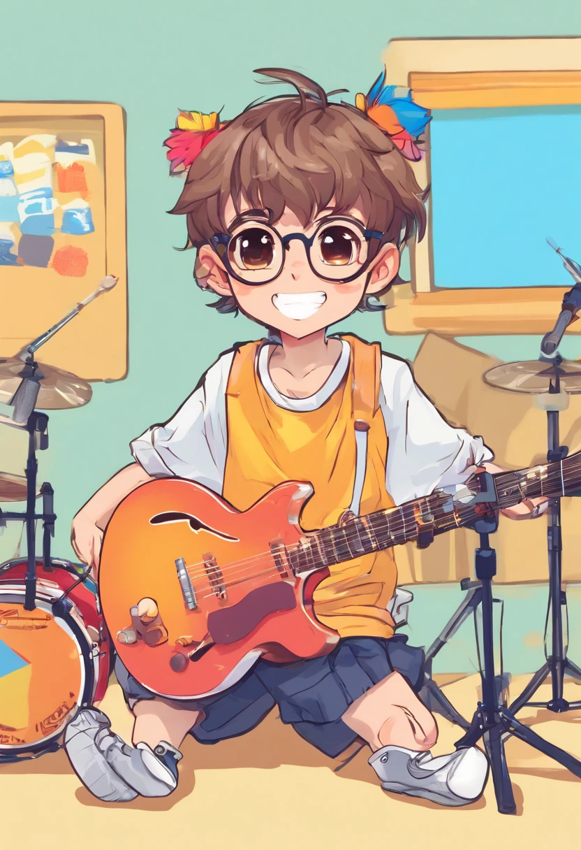 estilo de dibujo chibi, lineart, de dos personas. Musician boy sitting playing drums with very short hair, Smiling Facial Expression, ropa casual camiseta manga corta y pantalones hasta la rodilla. chica feliz cantando con microfno. rostro gafas, pelo mid long ondulado y ropa casual cute