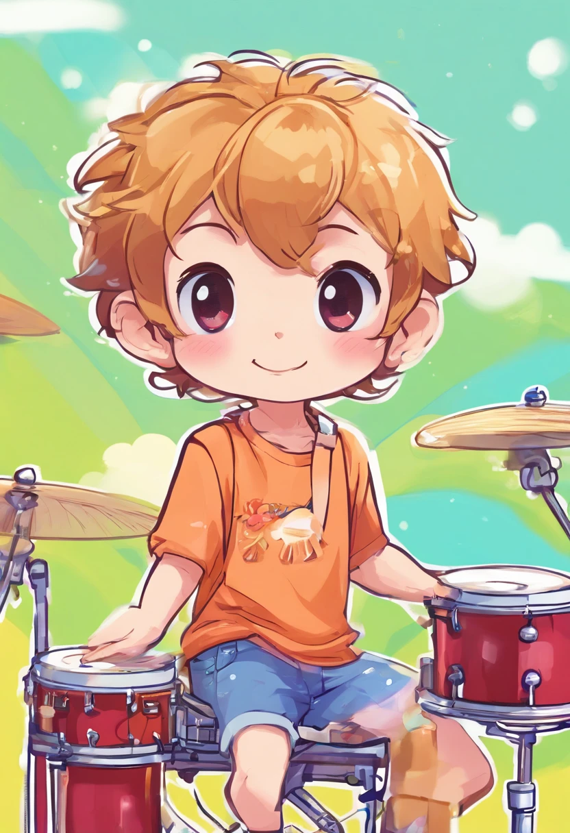 estilo de dibujo chibi, lineart, de dos personas. Musician boy sitting playing drums with very short hair, Smiling Facial Expression, ropa casual camiseta manga corta y pantalones hasta la rodilla. chica feliz cantando con microfno. rostro gafas, pelo mid long ondulado y ropa casual cute