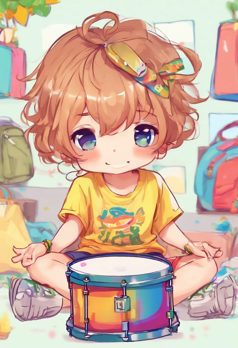 estilo de dibujo chibi, lineart, de dos personas. Musician boy sitting playing drums with very short hair, Smiling Facial Expression, ropa casual camiseta manga corta y pantalones hasta la rodilla. chica feliz cantando con microfno. rostro gafas, pelo mid long ondulado y ropa casual cute