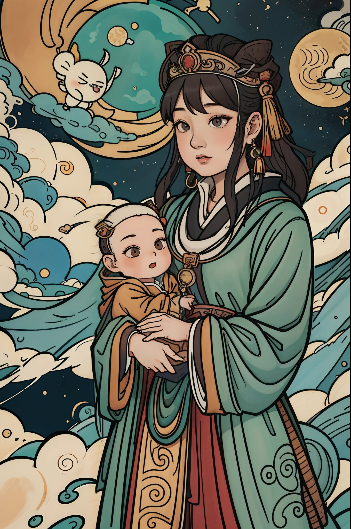 The beautiful -yeld Chse hoàng hậu holds a little hoàng đế wearing shavings in her arms, Straight eyes, radiating a brilliant aura, Rosary handle: 1.5),  Crown Team, (Systemic: 2.0), full body: 2.0, glowing cloak, Standing on the Moon