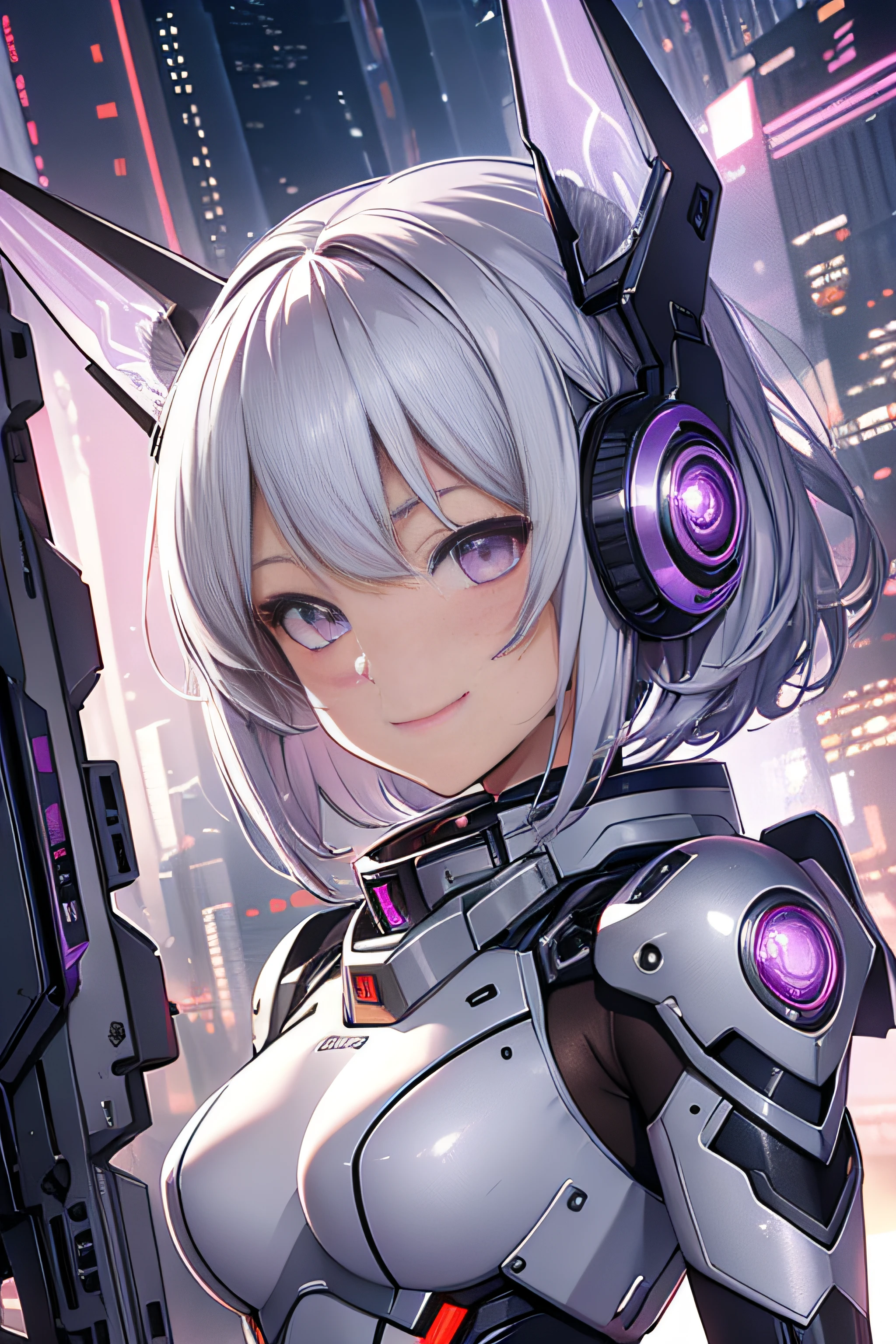 best quality, ultra-detailed, high resolution, extremely detailed cg, anime picture,SF, 1mecha girl, solo, silver hair, short hair, light purple eyes, machine ears, smile