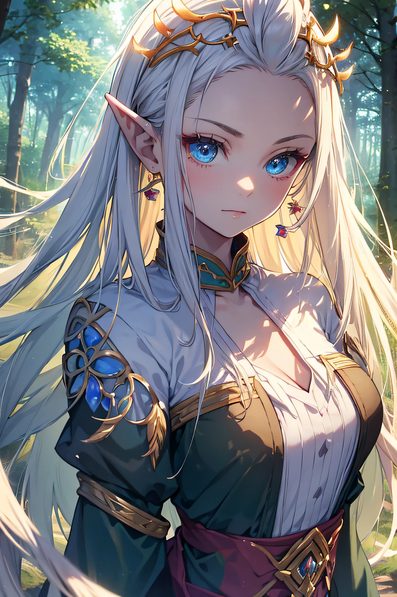 (highres,vivid colors),portrait,elves, blue eyes,long hair,blonde hair,pointy ears,graceful,ethereal,serene face,soft smile,magical atmosphere,forest background,glowing light,fair skin,delicate features,fantasy