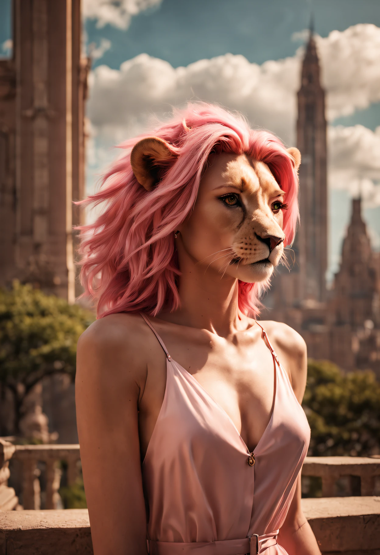 (cute pink haired beautiful lioness girl), photography by [TJ Drysdale], detailed bustling vibrant [big city] background, warm, windy, harmful atmosphere, menacing skies, (detailed face), detailed eyes, ((experimental architecture)), (avant-garde)