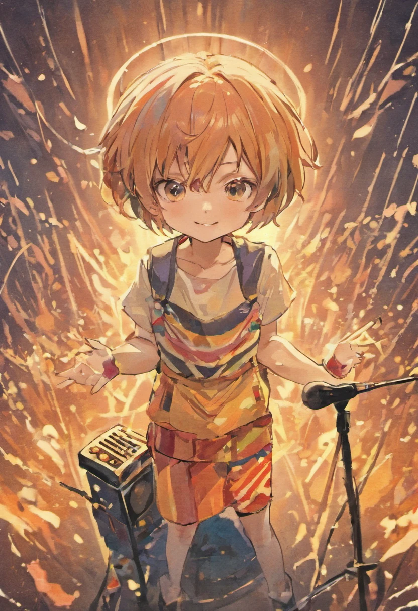 estilo de dibujo chibi, lineart, de dos personas. Musician boy sitting playing drums with very short hair, Smiling Facial Expression, ropa casual camiseta manga corta y pantalones hasta la rodilla. chica feliz cantando con microfno. rostro gafas, pelo mid long ondulado y ropa casual cute