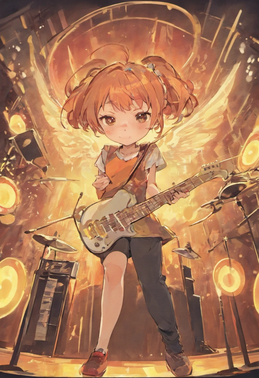 (best quality,4k,highres,masterpiece:1.2),ultra-detailed,realistic,portrait,a 5-year-old girl wearing a beautiful dance costume,black hair,detailed eyes and face,long eyelashes,rosy cheeks,a big smile,bright eyes,detailed lips,golden-brown hair,happy expression,joyful demeanour,holding a guitar,watercolor paints by her side,a microphone nearby,abundant music notes floating around her,cute little sheep,love theme,colorful backdrop,soft lighting,vibrant colors,playful atmosphere,White background