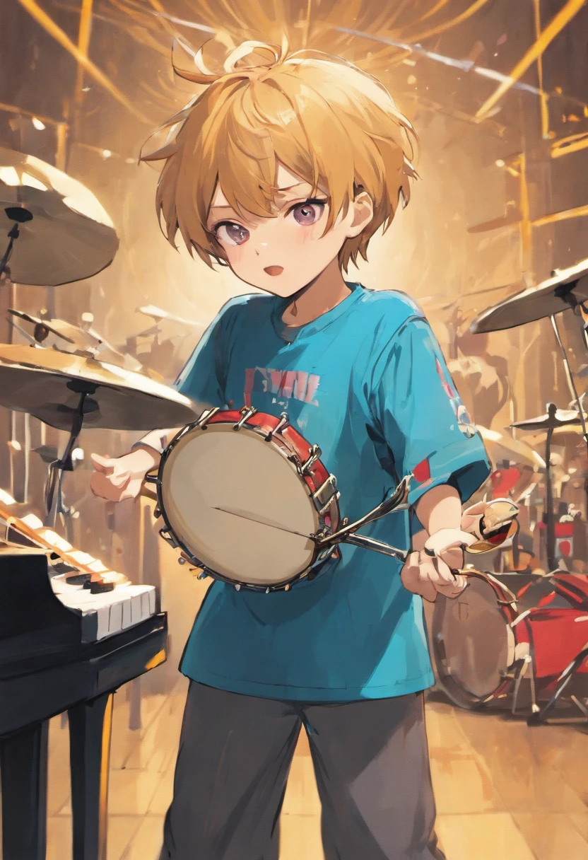 estilo de dibujo chibi, lineart, de dos personas. Musician boy sitting playing drums with very short hair, Smiling Facial Expression, ropa casual camiseta manga corta y pantalones hasta la rodilla. chica feliz cantando con microfno. rostro gafas, pelo mid long ondulado y ropa casual cute