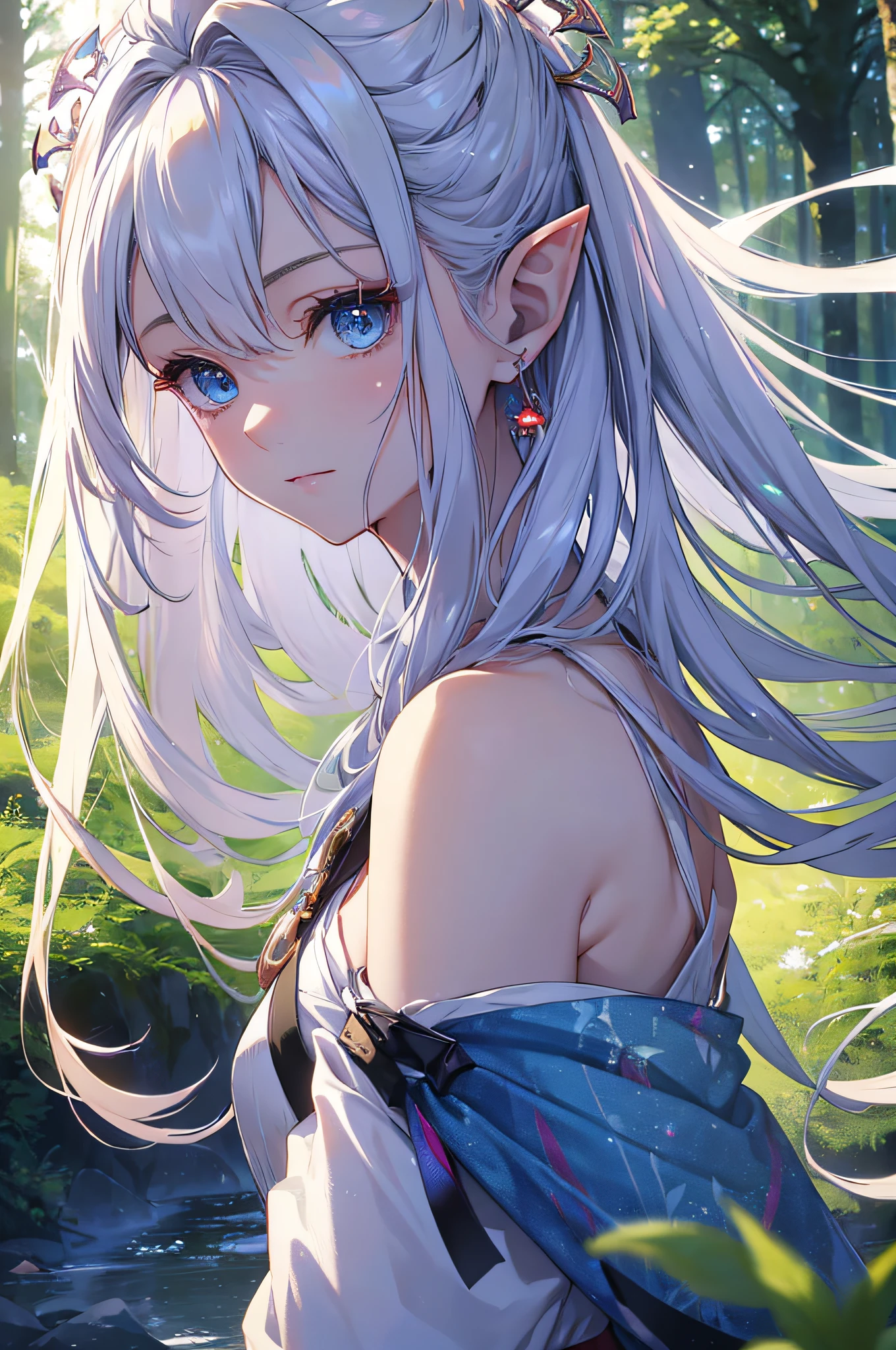 (highres,vivid colors),portrait,elves, blue eyes,long hair,blonde hair,pointy ears,graceful,ethereal,serene face,soft smile,magical atmosphere,forest background,glowing light,fair skin,delicate features,fantasy