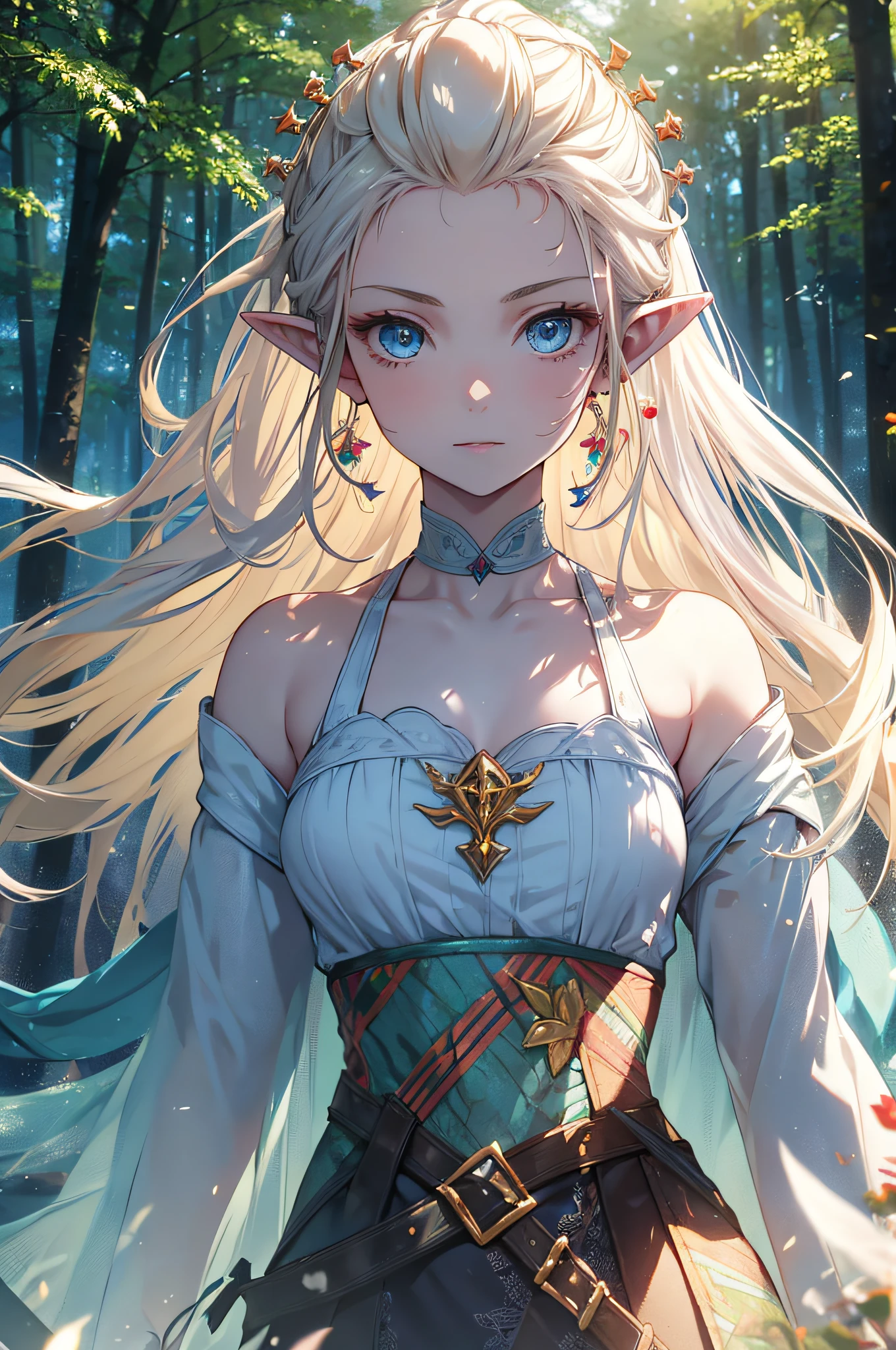 (highres,vivid colors),portrait,elves, blue eyes,long hair,blonde hair,pointy ears,graceful,ethereal,serene face,soft smile,magical atmosphere,forest background,glowing light,fair skin,delicate features,fantasy