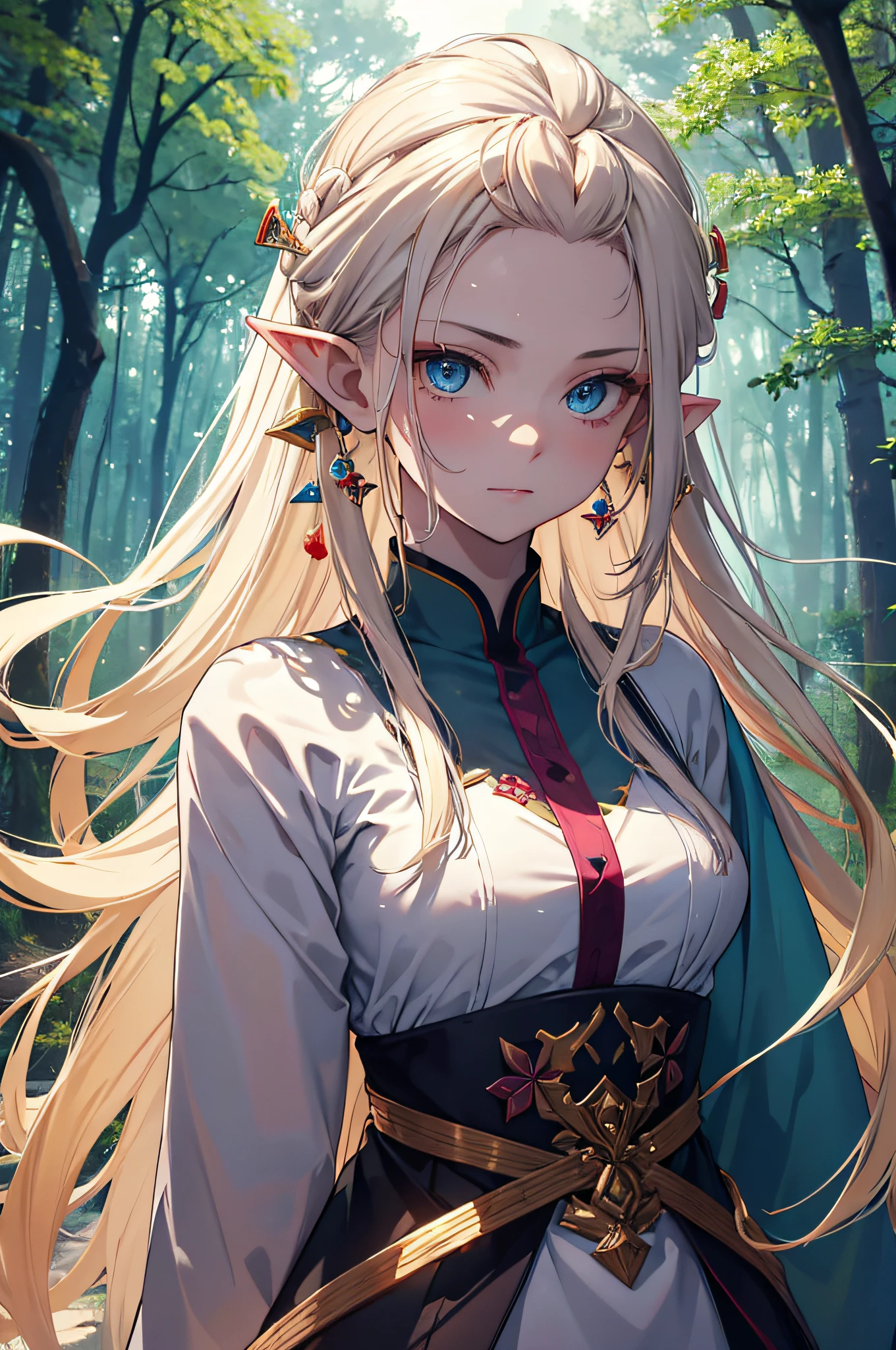 (highres,vivid colors),portrait,elves, blue eyes,long hair,blonde hair,pointy ears,graceful,ethereal,serene face,soft smile,magical atmosphere,forest background,glowing light,fair skin,delicate features,fantasy