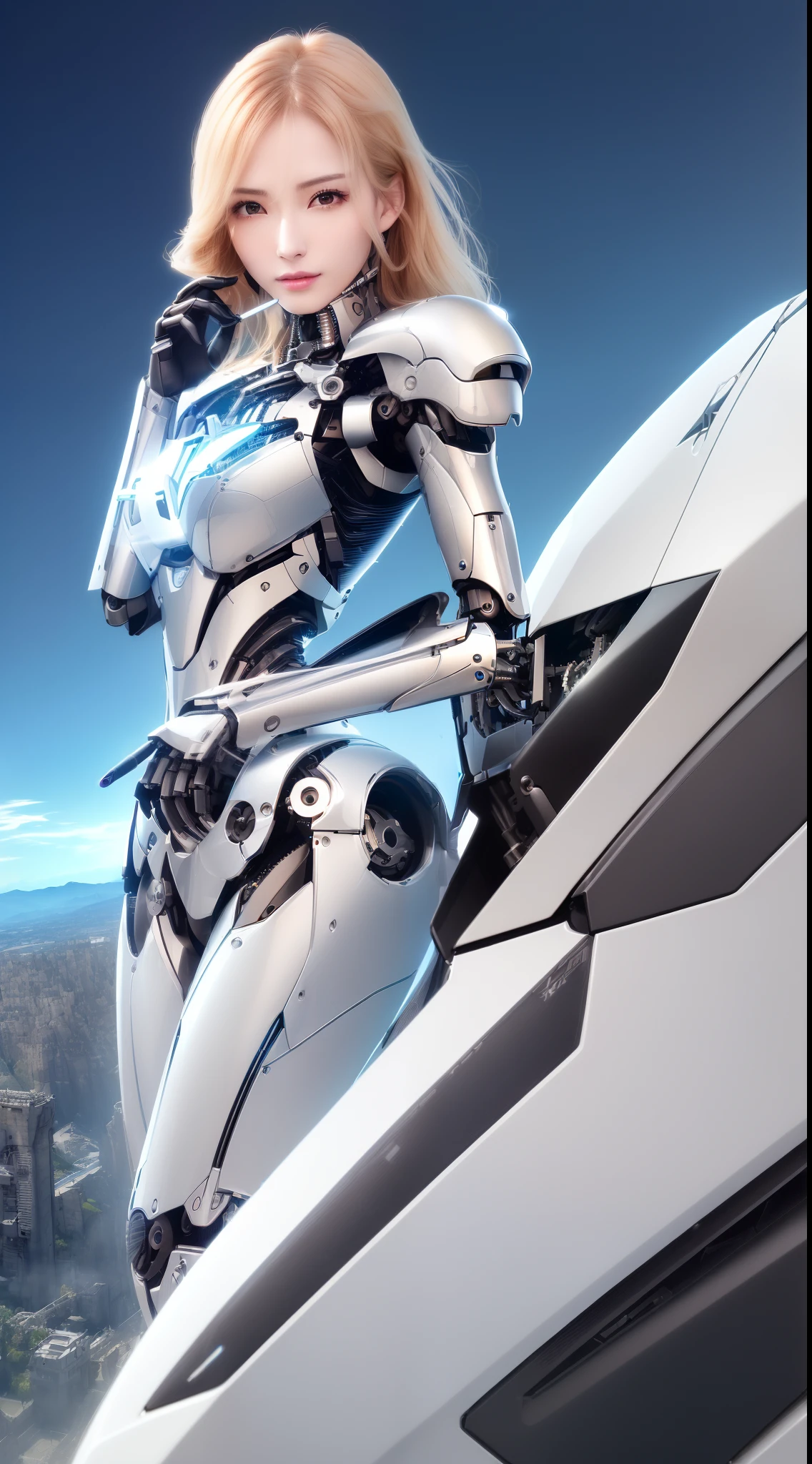((masutepiece)), ((top-quality), high quarity、ultra-definition, (Realistic), ((well proportioned face))、fulcolor 、(scientific fiction)、(独奏)、Beautiful robot woman、Combat Robots、(Perfect robot joint)、((Perfect computer parts))、(Electronic substrate)、(machine components)、White porcelain mechanical armor、(Oval curvaceous face)、(almond shape eyes)、thin mouth、deadpan、((Perfect mechanical two-handed))、(Outside the city)、Perfect robot legs