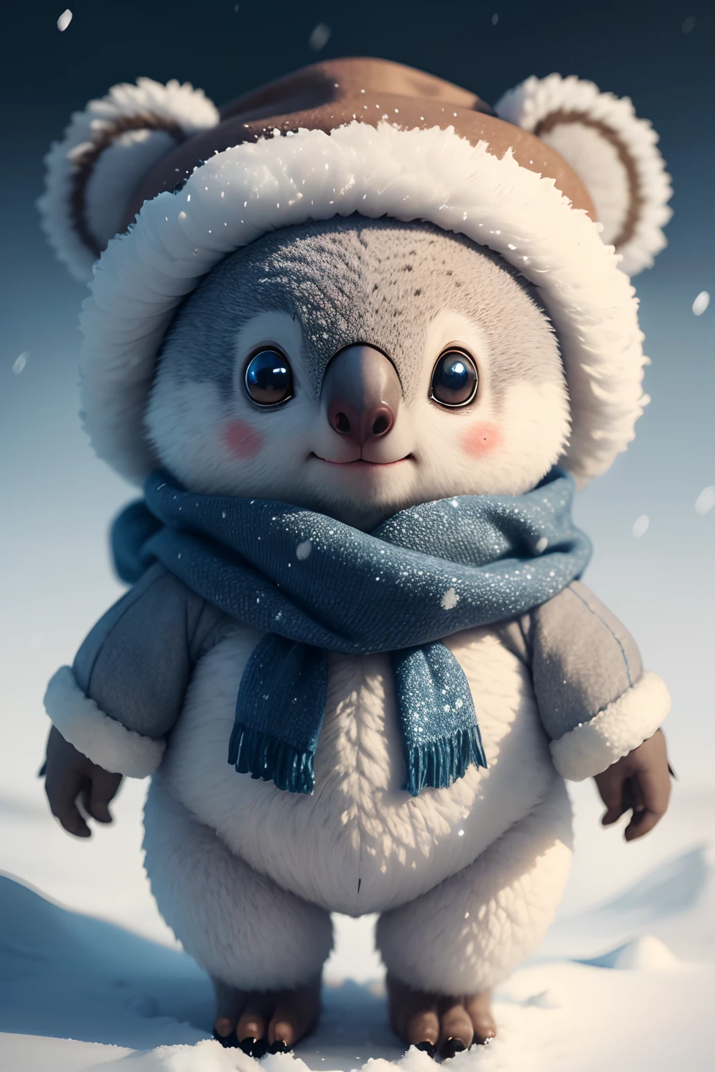 (best quality,highres,masterpiece:1.2),ultra-detailed,claymation,closeup,tiny cute koala,coat,scarf and hat,standing in the snow,fluffy fur,sparkling eyes,soft lighting