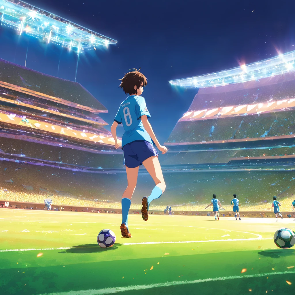 (((quatro jogadores habilidosos para o futebol))), A thrilling football game in a stadium full of spectators and spotlights, Passionate crowd, dazzling stadium spotlights, momento espetacular e eletrizante, atmosfera vibrante