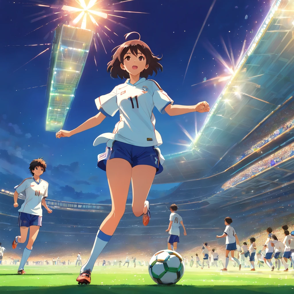 (((quatro jogadores habilidosos para o futebol))), A thrilling football game in a stadium full of spectators and spotlights, Passionate crowd, dazzling stadium spotlights, momento espetacular e eletrizante, atmosfera vibrante