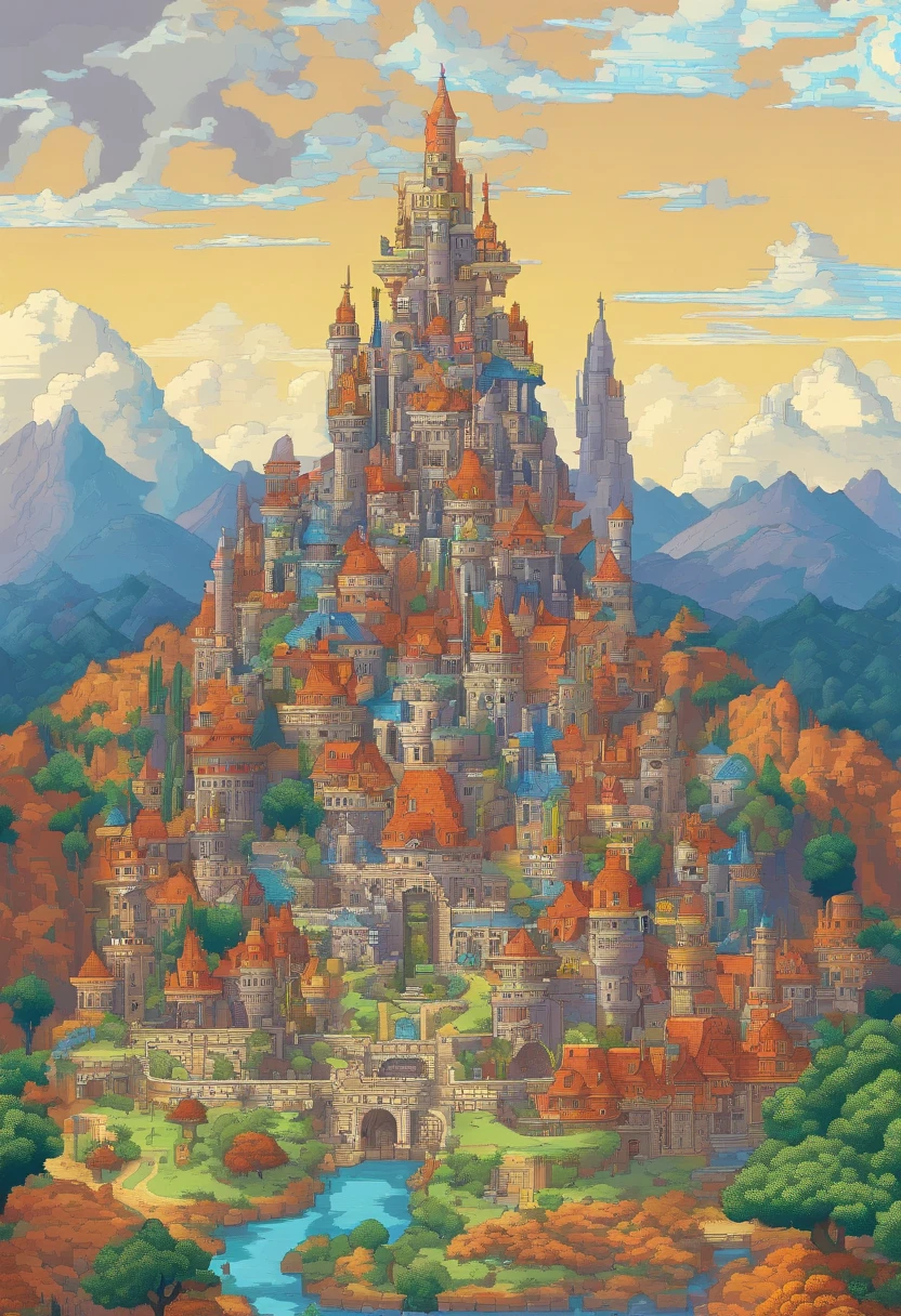 mundo de fantasia, maravilhoso, full of fantasy and FICTION, Colouring, luminosadade baixa, Medium brightness (artistic work), landscape presents a civilization mixed with medieval and futuristic, bela paisagem, 4K HD | |, arte,