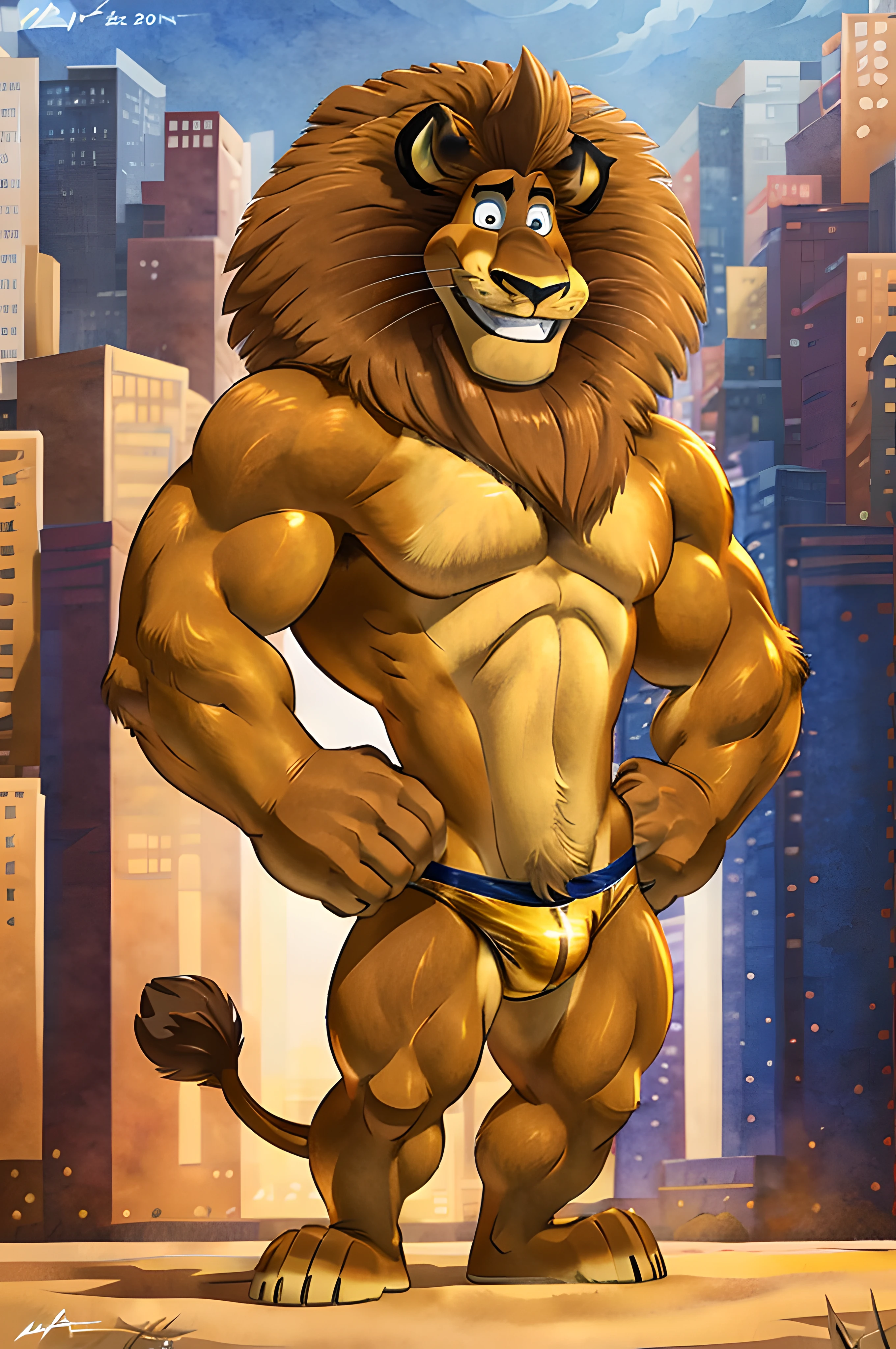 alexlion, posing for the camera, showing off. 4k, high resolution, best quality, posted on e621, solo, anthro body, male, adult, masculine, (very muscular, strong chest, big pectorals, biceps:1.1), correct anatomy, (no background, white background, stylized background:1.05), (by wfa:1.2), (by negger:1.0), (cel shaded:1.2), cartoony shading, confident, strong, (tail:1.0), (detailed gold underwear:1.4), smile, (full body:1.2), (cartoony proportions, big head:1.1), short legs, feet, (detailed alexlion eyes:1.2), handsome, grin