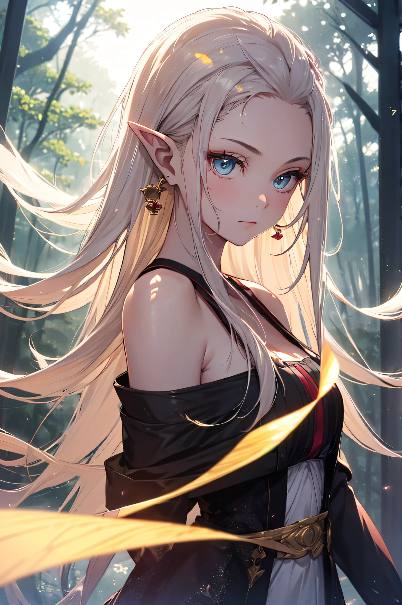 (highres,vivid colors),portrait,elves, blue eyes,long hair,blonde hair,pointy ears,graceful,ethereal,serene face,soft smile,magical atmosphere,forest background,glowing light,fair skin,delicate features,fantasy