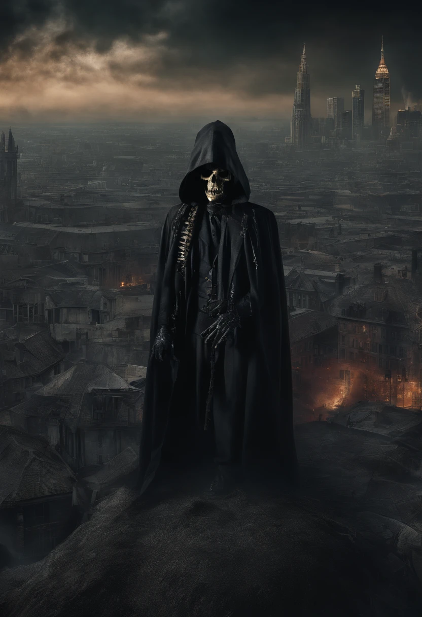 Hyperrealistic photo of grim reaper with long demon teeth and surrealistic city in style of jean-philip benjamin-constant with colorful steampunk odd machines in the sky