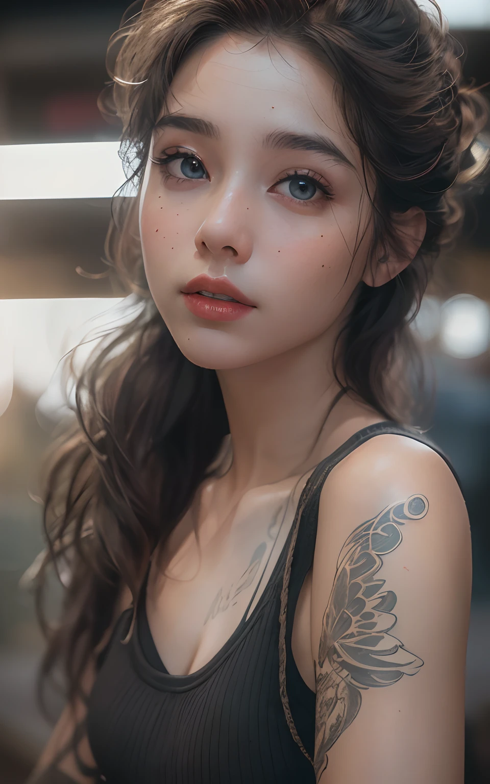 8K,Best quality, masterpiece, ultra high res, (photorealistic:1.4), raw photo, (Authentic skin texture:1.3), (film grain:1.3), (selfie angle),1girl,beautiful detailed eyes and face,masterpiece, best quality,upper boddy shot portrait, (gorgeous woman), black tanktop,