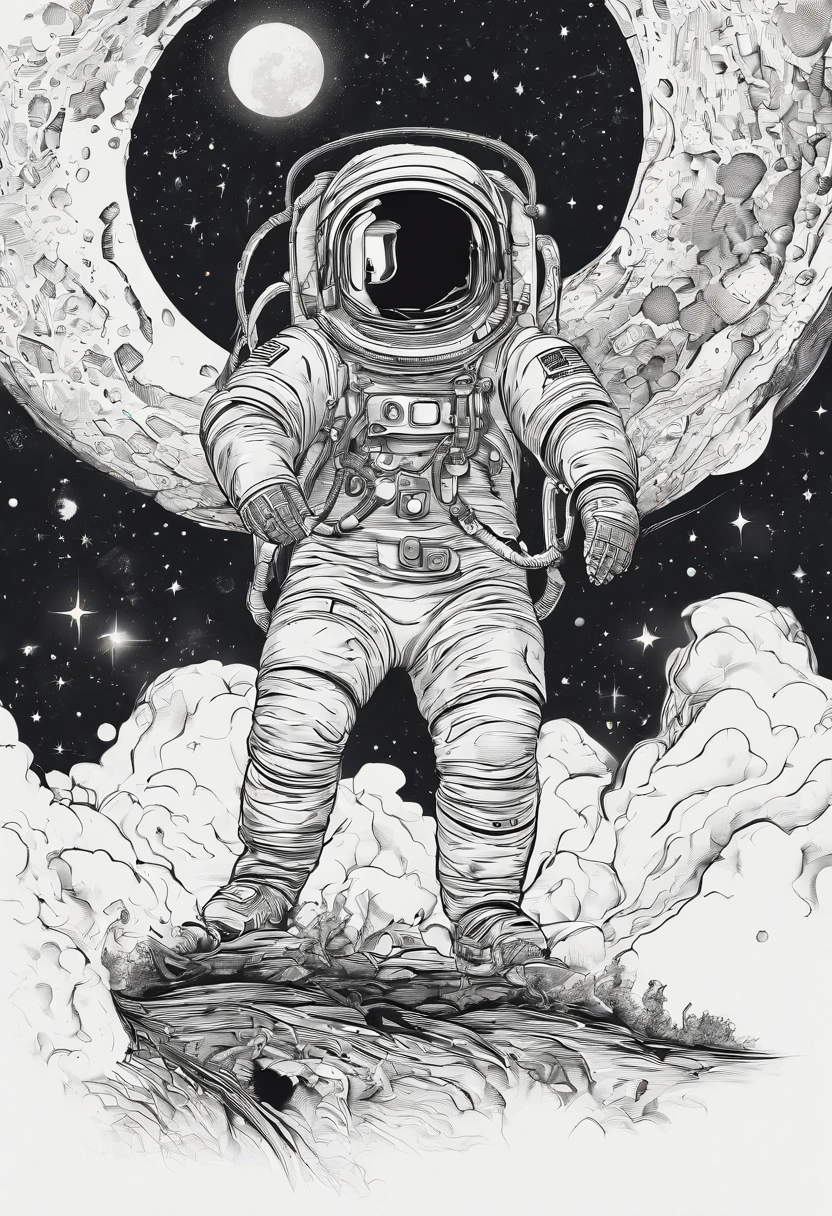 (best quality,4k,8k,highres,masterpiece:1.2),ultra-detailed,(realistic,photorealistic,photo-realistic:1.37),cosmonaut,anatomical heart,zero gravity,dynamic art,black-and-white drawing,tattoo-style drawing,distant planet,cosmic background,space suit,fragments floating,cosmic debris,stars shining,mystical atmosphere,emotional expression,illustrated style,sharp contrast,beautiful details,captivating composition,ethereal feeling,light and shadow play,moonlit scene,surrealistic elements,awe-inspiring scene,scientific accuracy,powerful concept,cosmic exploration